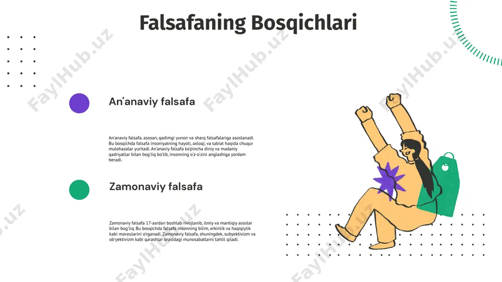 lobal masalalarga javob berishiga imkon yaratmoqda. falsafaning global kontekstdagi o'rni sharq falsafasi, global kontekstdagi muammolarni hal etishda muhim rol o'ynaydi. u, turli madaniyatlar o'rtasidagi muloqotni rivojlantirish va insoniyatning umumiy qadriyatlarini targ'ib qilishda yordam beradi. xulosa falsafa - insoniyatning bilim va tushunchalarini o'rganish jarayonidir. uning asosiy maqsadlari: dunyoni tushunish, o'z-o'zini anglash va ahamiyatli savollarni berishdir. falsafa, axloqiy, ijtimoiy va madaniy yondashuvlarni shakllantirib, jamiyatga ta'sir ko'rsatadi. falsafaning bosqichlari: an'anaviy, zamonaviy va postmodern. an'anaviy falsafa, qadimiy dunyoqarash va diniy ta'limotlarga asoslanadi. zamonaviy falsafa, ilmiy uslublar va yangi g'oyalar bilan boyitilgan. postmodern falsafa esa, an'anaviy tushunchalarni tanqid qilgan holda, ko'p qirrali va nisbiy yondashuvlarni taklif etadi. falsafa, ilm-fan, san'at va siyosatda mujassam bo'lib, ijtimoiy o'zgarishlarning asosiy qo'llab-quvvatlovchisi sifatida ishlaydi. bugungi kunda sharq falsafasi, globalizatsiya jarayonida muhim ahamiyatga ega bo'lib, insoniyatning kelajagi uchun muhim yo'nalish hisoblanadi. q&a image1.png image2.png image3.png image4.png image5.png image6.png image7.png image8.png image9.png image10.png image11.png image12.png image13.png image14.png image36.jpg image33.png image34.png image26.png …