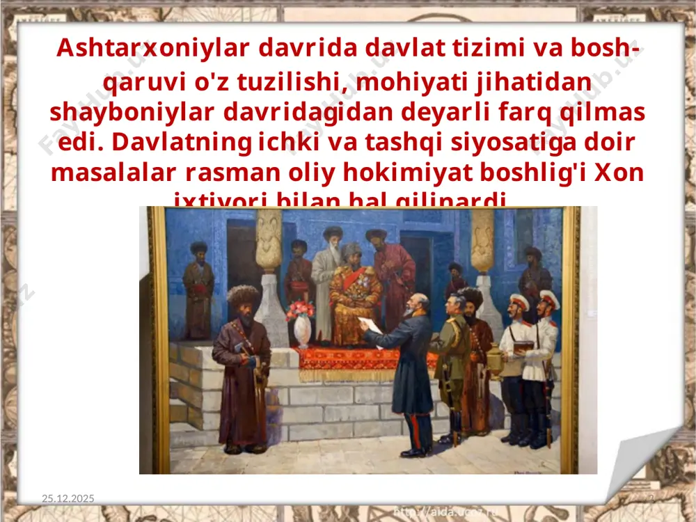 ini soliqqa tortmaslik sharti bilan yirik boylar va saroy amaldorlariga sotish hollari ham yuz berdi. 24.06.2020 9 diniy mahkamalarga mulki sultoniy hisobidan berilgan u yerlar, masjidlar, xonaqohlar, qabristonlar vaqf mulki hisoblanardi. vaqf mulkidan ham soliq olinmas edi. 24.06.2020 10 dehqonchilik va chorvachilik tinimsiz urushlar, qabila boshliqlari va amirlar o'rtasidagi ichki kurashlar mamlakat iqtisodiy hayotini, aholining moddiy turmushini ayanchli ahvolga tushirdi. sug'oriladigan yerlarda bug'doy, arpa, jo'xori, loviya, mosh, sholi, paxta, savzavot va poliz ekinlari ekilgan. 24.06.2020 11 dehqonchilik mamlakat iqtisodining butunlay inqirozga tushib qolishidan saqlab turgan asosiy omil bo'lib, aholining oziq-ovqatga bo'lgan ehtiyojini qondirishga xizmat qilgan. 24.06.2020 12 hunarmandchilik va savdo 24.06.2020 13 hunarmandchilik mahsulotlari asosan shaharlarda, qisman yirik qishloqlarda yetishtirilar edi. hunarmandchilikning to'qimachilik tarmog'ida ip yigirish, gazlamalar tayyorlash, tayyor kiyimlar tikish, gilam to'qish, kashtachink ancha rivojlandi. metall va yog'ochga ishlov berish orqali uy-ro'zg'or buyumlari tayyorlash, binolar qurilishida yog'och va ganch o'ymakorligi kabi hunarmandchilik tarmog'i ham ancha o'sdi. 24.06.2020 14 xalq …