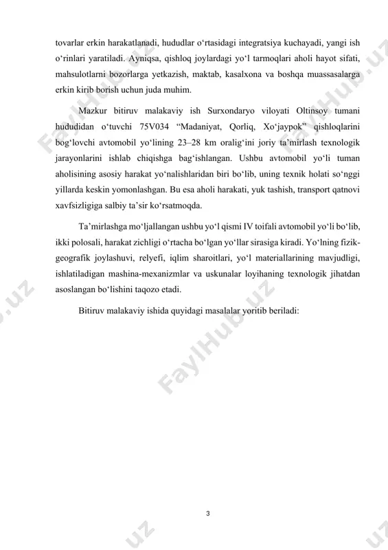 ‘zlangan asosiy maqsad — ta’mirtalab yo‘l qismida amalga oshiriladigan texnologik ishlarni ilmiy va amaliy jihatdan asoslab berish, samarali mashina-mexanizmlarni tanlash, qurilish materiallariga bo‘lgan ehtiyojni aniqlash va ish jarayonlarini zamonaviy talablarga mos tashkil etishdir. ishning dolzarbligi shundaki, qishloq yo‘llarining ta’mirlashga ehtiyoji ortib borayotgan bir paytda, har bir kilometrni ilmiy yondashuv asosida, aniq hisob-kitoblar bilan ta’mirlash — budjet mablag‘laridan oqilona foydalanish, ish sifati va uzoq muddatli xizmat kafolatini ta’minlashga xizmat qiladi. 1-bob.avtomobil yо‘li tоʼgʻrisida boshlangʻich maʼlumotlar 1.1.yо‘l joylashgan hududning tabiiy-iqlim sharoiti mazkur loyiha predmeti bo‘lgan 75v034 “madaniyat – qorliq – xo‘jaypok” avtomobil yo‘lining 23–28 km oralig‘i surxondaryo viloyati oltinsoy tumani hududidan o‘tadi. ushbu hudud o‘zining murakkab tabiiy-geografik va iqlimiy sharoitlari bilan ajralib turadi. yo‘lning texnik holati, qurilish materiallarining tanlovi, qurilish va ta’mirlash texnologiyalarining ketma-ketligi aynan shu sharoitlarga bevosita bog‘liq bo‘ladi. shu sababli, yo‘l ta’mirini loyihalashdan avval joyning tabiiy-iqlim omillarini chuqur o‘rganish muhim ahamiyat kasb etadi. geografik joylashuvi oltinsoy tumani surxondaryo viloyatining markaziy …