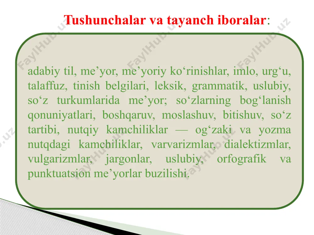 ksentologik (so‘z va formalarda urg‘uning to‘g‘riligi) normalar; 4) fonetik (nutq tovushlarini toi ishlatish) normalar; 5) grammatik (morfologik va sintaktik) normalar; 6) so‘z yasalish normalari; 7) imloviy normalar; 8) yozuv (grafika) normalari; 9) punktuatsion normalar; 10) uslubiy normalar. . adabiy tilda milliy tilning yashash va amal qilish qonuniyatlaridan kelib chiqib so‘z tanlash imkoniyatlari uning leksik normasini belgilaydi. har bir shevada o‘sha sheva uchun so‘z qo‘llashning o‘z lug‘aviy normasi bo‘lgani kabi adabiy til normasida ham shevalarda uchragani kabi o‘ziga xosliklar bor. masalan, she’riy asarlar tilida visol, ruxsor, siyna, falak, yanoq, qalb, hijron kabi so‘zlar sheva va lahjalar va hatto jonli so‘zlashuv tili uchun xos emas. . o‘zbek tilining qanchalik normaga keltirilganligi va unga qanchalik amal qilinishi umummilliy o‘zbek madaniyatining taraqqiyot darajasini belgilovchi omillardan biridir. bu esa o‘z-o‘zidan nutq madaniyati bilan bevosita bog‘liqdir. chunki normaning til sathlarining biror qismi bo‘yicha buzilishi nutq madaniyatining holatiga slabiy ta’sir qiladi. (har bir til sathi bo‘icha adabiy …