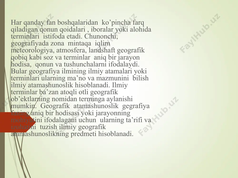 va targ’ibotchisi hamidulloh hasanov “joy nomlarini tabiat, tarix, hayot insoniyat ko’zgusi desa bo’ladi” deb yozgan edi. geografik nomlar haqidagi ilm bo’lgan toponimika asosan uch fan - tilshunoslik, tarix va geografiya fanlarining manfaatlariga tutashgan yo’nalishlarida vujudga kelgan. qadimgi yunon tilidan tarjima qilinganda topos-joy, nomos-nom “joy nomi” mazmunini beradigan toponimika muayyan tildagi geografik nomlarni to’plash ularning rivojlanishi, o’zgarish tendensiyalarini areallarini aniqlash nomlarning muhim leksik- semontik xususiyatlarini yoritish toponimik lug’atlar tuzish joy nomlari transkriptsiyasi (nomlarni og’zaki nutqdan yozuvda ifodalash boshqa tillardagi nomlarini ona tili qoidasi asosida yozish) kabi masalalarni tadqiq qilish bilan shug’ullanadi. sayyoramizdagi har qanday geografik o’z atoqli nomiga ega bo’lib, ularni toponimlar deb yuritiladi. joy nomlarining sirini bilish uchun toponimika fani bilan shug’ullanish kerak. toponimiya - ma’lum hududdagi joy nomlarining yig’indisi geografik nomlar haqidagi toponimika tilshunoslik tarix va geografiya fanlari o’rtasida oraliq fan bo’lsada yer haqidagi fanlarga – geografiya geologiya, biologiya fanlariga ancha yaqin muammolarni baxs etadi. chunki joy nomida uning …