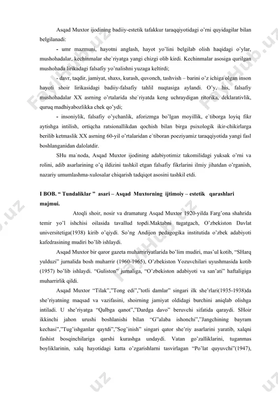 lari o’z ifodasini topgan. “chin yurakdan” she’riy kitobi, “hayotga chaqiriq”, “dunyo bolalari” hikoyalar to’plamlari o’zbek bolalar adabiyotini dunyoga tanitdi. shoirning “99 miniatyura”,”karvon qo’ng’irog’i”,”sirli nido”, “yillarim” she’riy kitoblari o’zbek she’riyatida katta voqea bo’lgan. ularda inson qalbining toblanishlari chuqur intellektual his-tuyg’u vositasida talqin etilgan. sofokl, tagor, pushkin, lermontov, mayakovskiy, gorkiy, shevchenko, blok, korneychuk asarlari asqad muxtor tarjimasida o’zbek kitobxonlarining ma’naviy mulkiga aylangan. asqad muxtor o’z ijodida jahon poeziyasining eng so’nggi tajribalari, zamonaviy poetik tafakkur bilan qadimiy sharq she’riyati donoligini ajoyib bir tarzda tutashtirishga erishdi. asqad muxtor she’riyatning qadimiy, ammo hamma davrlar uchun zaruriy dolzarb mavzu-muammolari: inson hayotining ma’nosi, tug’ilish, yashash, o’lim jumboqlari, tabiat sirlari, olamning cheksizligi va yaxlitligi, makon va zamon nisbati, inson tabiati, aql-zakovati, undagi mehr va qahr tuyg’usining qudrati, insonning inson oldidagi burchi, jamiyat va tabiat bilan bir butunligi-shular tevaragida bahs yuritadi. asqad muxtor hamisha xalqning ko’nglini ko’taradigan, odamlar qalbiga quvonch, nur olib kiradigan, ularni o’ylatib qo’yadigan, dunyoning, hayotning sir-asrorlaridan …