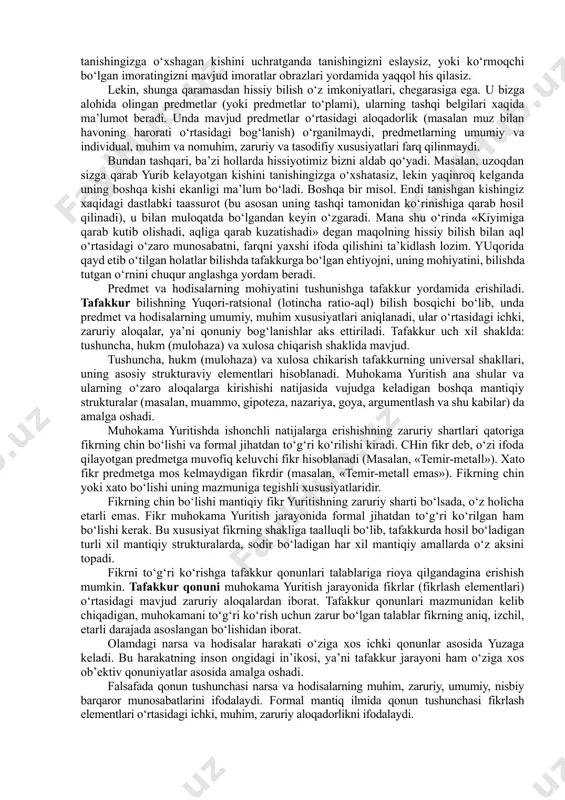 a bo‘ysundirilgan bo‘ladi. bilish jarayonini amalga oshirar ekan, kishilar o‘z oldilariga ma’lum bir maqsadlarni qo‘yadilar. ular o‘rganilishi lozim bo‘lgan predmetlar doirasi, tadqiqot yo‘nalishi, shakllari va metodlarini belgilab beradi. bilish murakkab, ziddiyatli, turli xil darajalarda va shakllarda amalga oshadigan jarayondir. uning dastlabki boskichini hissiy bilish - insonning sezgi organlari yordamida bilish tashkil etadi. bu bosqichda predmet va hodisalarning tashqi xususiyatlari va munosabatlari, ya’ni ularning tashqi tomonida bevosita namoyon bo‘ladigan va shuning uchun ham inson bevosita seza oladigan belgilari xaqida ma’lumotlar olinadi. hissiy bilish 3 ta shaklda: sezgi, idrok va tasavvur shaklida amalga oshadi. sezgi predmetning birorta tashqi xususiyatini (masalan, rangini, shaklini, ta’mini) aks ettiruvchi yaqqol obrazdir. idrok predmetning yaxlit yaqqol obrazi bo‘lib, u mazkur predmet haqidagi turli xil sezgilarni sintez qilish natijasida hosil bo‘ladi. alohida olingan sezgilardan farqli o‘laroq, idrok berilgan predmetni boshqa predmetlardan (masalan olmani behidan, nokdan va shu kabilardan) farq qilish imkonini beradi. tasavvur esa avval idrok etilgan predmetning …