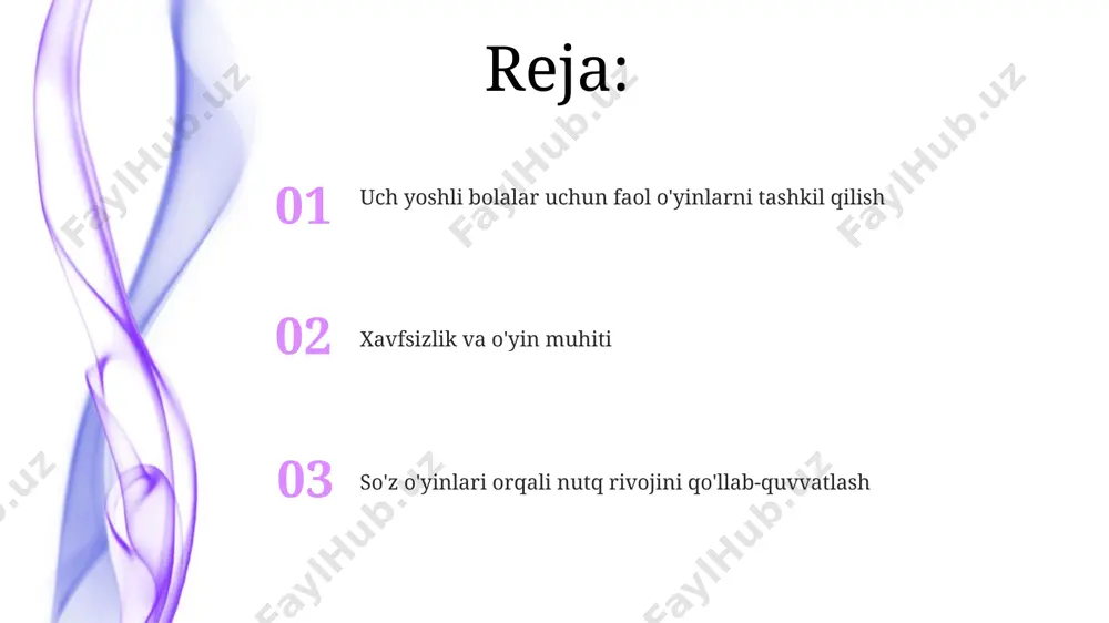 kam bo'lmagan bo'sh joy ajrating va o'yinlar davomida bolalarni doimiy kuzatib boring. ota-onalar va tarbiyachilar bilan hamkorlik har bir o'yin uchun ota-onalar va tarbiyachilar o'rtasida 5-10 daqiqalik qisqa, ammo samarali muloqotni o'rnatish orqali, bolaning o'yin davomida ko'rsatgan progressini baholash va kerakli tuzatishlar kiritish mumkin. bolalar bog'chasi tarbiyachilari bilan birgalikda 3-4 ta turli xil faoliyatlarni rejalashtirish, ularning bolalarning jismoniy va intellektual rivojlanishiga ta'sirini kuzatish va natijalarni tahlil qilish muhimdir. faol o'yinlarning turlari va misollar uch yoshli bolalar uchun faol o'yinlar turlariga yugurish, sakrash, to'p otish kabi oddiy harakatlarni o'z ichiga olgan 3-5 minutlik qisqa mashqlar, shuningdek, qo'shiqlar bilan birga bajariluvchi raqslar kiradi. so'z o'yinlari sifatida 2-3 ta rangli predmetlarni nomlash, shakl va hajmlarini taqqoslash, oddiy qo'shiqlarni yodlash kabi 10-15 minutlik vazifalar taklif etiladi. so'z o'yinlarini tanlash va tayyorlash uch yoshli bolalar uchun so'z o'yinlarini tanlashda sodda, tushunarli so'zlar va yorqin rangli rasmlarga ega bo'lgan 5-10 ta kartochka yoki o'yinchoqlarni ishlatish tavsiya …