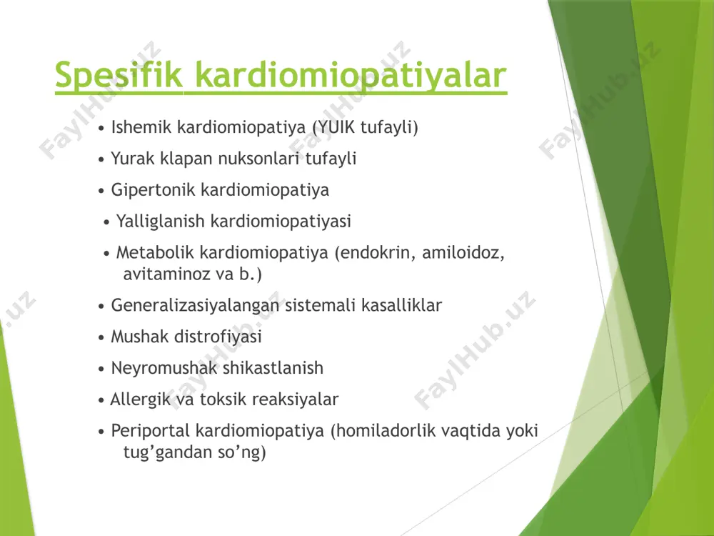 orlariga quyidagilar kiradi: -anamnezida yurak to’xtash epizodlari -qorinchalar taxikardiyasi -yurak o’ta gipertrofiyasi -genotip -tez-tez paydo bo’luvchi qorinchalar paroksizmal taxikardiyasi -tez-tez hushdan ketish shikoyatlari: jismoniy zo’riqishda, to’sh orqasida og’riq, taxikardiya, bosh aylanishi, hushdan ketish. • yurak yetishmovchiligi rivojlanganda: sianoz. gk arterial gipertenziya bilan kechishi mumkin. • palpatsiyada: ikkilangan yurak turtkisi (chap bo’lmacha va qorincha qisqarishi), sistolik titrash. • auskultasiyada: ii ton bo’linishi chq va aorta orasida bosim gradienti paydo bo’lganda. sistolik shovqin yurak cho’qqisi va to’shning chap qirrasi orasida eshitiladi va mitral regurtasiya bilan bog’liq (mk tabaqasining prolapsi). ekg. chq gipertrofiyasi, st-segment depressiyasi va t tishcha manfiyligi, patologik q-tishcha ii, iii, avf va kukrak tarmoqlarida paydo bo’lishi, bo’lmachalar fibrillyasiyasi, qorinchalar ekstrasistoliyasi, qorinchalar va supraventrikulyar taxikardiya, p-q interval qisqarishi, gis tutami no’to’liq blokadasi. rentgenologik tekshirish. o’pka arteriyasi gipertenziyasi. exokg. • 60% holda assimetrik gipertrofiya, 30% holda – simmetrik, 10%-cho’qqi gipertrofiyasi topiladi. mitral regurgitasiya. aortal regurgitasiya. chq diastolik disfunksiyasi. chq bo’shlig’i kichikligi. chap …