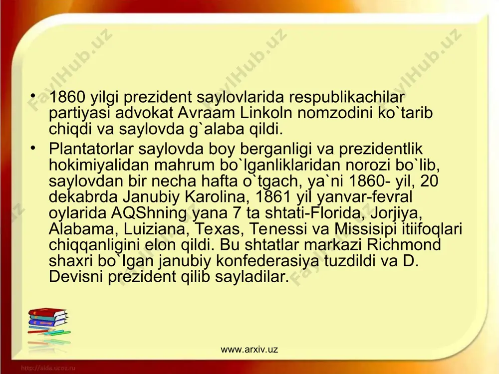 am chiqdi. aqsh hukumatining bu chora -- tadbirlari buyuk tarixiy ahamiyatga ega edi. gomstedlar haqida va qulchilikni bekor qilish haqida linkoln chiqargan qonunlar xaqli ravishda, uni xix asrning ilg`or burjua-demokralik arboblari safiga qo`shdi. www.arxiv.uz www.arxiv.uz www.arxiv.uz www.arxiv.uz mazkur tadbirlardan so`ng ommaviy ravishda 100 minglab aholi armiya safiga kira boshladi. urush davomida 200 mingga yaqin negr shimol qo`shini tarkibida qatnashdi. tezda shimol armiyasining soni 1,5 mln. kishidan oshib ketdi. qulchilikni bekor qilish haqidagi va gomsled haqidagi qonunlarni qabul qilinishi shimol uchun muhim harbiy-strategik ahamiyatga ega bo`lgan inqilobiy tadbirlar edi. xalq ommasining inqilobiy ko`tarilishi. linkoln hukumatining inqilobiy urush olib borish siyosati va chora-tadbirlari urush harakatlarini borlshini butunlay shimol foydasiga o`zgartirib yubordi. shu bilan bir vaqt da janubning xalqaro ahvoli yomonlashdi, uning angliya va fransiyadan yordam olish umidi chippakka chiqdi. angliya o`zining ncytralligini e`lon qihshga qaramasdan konfederasiyaga nisbatan linkoln hukumati e`lon qilgan blokada siyosatini buzishdan nariga utmadi. fransiya hukumati esa aqshdagi fuqarolar urushidan …
