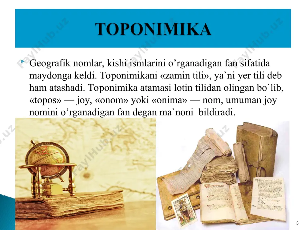 dirilayotgan toponimlarning barcha nomdagilarini ilmiy asosda alohida-alohida o’rganib, ulardan xulosa chiqarishdir. * janubiy xalqlar tomonidan berilgan nom qora so`zining «shimol», «salqin» degan ma`nosi ham bor. uning suvi qoramtir bo`lgani uchungina qora dengiz deyiladi deb izohlash noto`g`ri. milodimizdan avvalgi ix — vii asrlarda yunonlar qora dengizni yoki mamlakatimizning janubiga joylashgan bu dengizni «uzoq shimol» deb ham ataganlar. * arabcha «bahri axmar, grekcha eritreya. afsonaga ko’ra, eron shohi eritr (qizil qalpoq) bosib olgan va nil tomon kanal qazitgan ekan. boshqacha izohi ham bor: qirg`oqlarida qizg`ish suv o`tlari va chig`anoqlar ko`p bo`lganidan shunday nom olgan. * yevropa, afrika va osiyo o’rtalarida joylashgan dengiz. grekcha mediterrano — «o’rta yer» so`zlaridan ruschaga aynan tarjima qilingan, o`zbekcha shakli shundan qisqartirib olingan. tarixiy sharqiy manbalarida ko`pincha rum dengizi, shom dengizi nomlari bilan ham mashhur bo`lgan. * g`arbiy osiyodagi ko`l. suvi juda sho’r va unda hayot yo`qligidan «hayotsiz», «jonivorsiz», «o`lik dengiz» deb atalgan. * markaziy va janubiy amerikada …