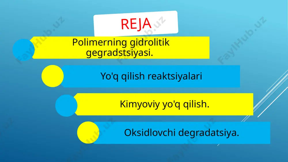 limerizatsiya turiga qarab davom etadi. kislotali muhitda samaraliroq davom etadigan poliamidlarning gidrolizlanishi jarayonida makromolekulalar yorilishi joylarida karboksil va amin guruhlari hosil bo'ladi. bunda kristallanish reagentlarning makromolekulalarning funksional guruhlariga tarqalishining sekinlashishi hisobiga gidroliz tezligining pasayishiga ham yordam beradi. poli-e-kaprolaktam va poliheksametilen adipamid eritmalarining ichki yopishqoqligi gidroliz vaqti bilan chiziqli ravishda kamayadi. 2. yuq qilish reaktsiyalari. yo'q qilish reaktsiyalari - bu asosiy molekulyar zanjirning aloqalarini buzish bilan davom etadigan va polimerning kimyoviy tarkibini o'zgartirmasdan molekulyar og'irligining pasayishiga olib keladigan reaktsiyalar.destruktsiya makromolekulyar birikmalar (hmc) kimyosida juda muhim reaktsiya hisoblanadi. u iudning tuzilishini aniqlash, shuningdek, tabiiy polimerlardan, masalan, tsellyuloza va kraxmaldan glyukozadan qimmatli past molekulyar og'irlikdagi moddalarni olish uchun ishlatiladi. bazan halokatga odatlangan polimerlarni qayta ishlashni osonlashtirish uchun ularning molekulyar og'irligini qisman kamaytirish. o'zgartirilgan polimerlarni sintez qilish uchun polimerlarning makromolekulalari bo'linish jarayonlari, erkin makroradikallarning hosil bo'lishi bilan davom etadi. polimerlarni yo'q qilish kimyoviy moddalar (suv, kislotalar, spirtlar, kislorod) yoki jismoniy ta'sirlar (issiqlik, yorug'lik, ionlashtiruvchi …