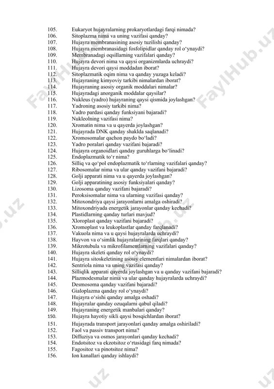 higa moslashishi qanday o‘rganiladi? 65. biologiya fanida mikrobial ekologiya qaysi sohalarni qamrab oladi? 66. biologiyada regeneratsiya tadqiqotlari qachon boshlandi? 67. biologiyada epigenetika qaysi davrda rivojlandi? 68. biologiyada hujayra membranasining tuzilishi qanday o‘rganildi? 69. biologiya fanida onkologiya tadqiqotlari qanday rivojlangan? 70. biologiyada fotosintez jarayonini o‘rganish qachon boshlangan? 71. biologiyada bioluminessensiya nima? 72. biologiya fanida suv ekotizimlari qanday o‘rganilgan? 73. biologiyada parazitologiya rivojlanishi qanday bosqichlardan o‘tgan? 74. immunologiya biologiyaning qaysi bo‘limiga tegishli? 75. biologiyada simbioz jarayonini o‘rganish qachon boshlangan? 76. odam genomining o‘qilishi biologiya rivojiga qanday ta’sir qildi? 77. biologiyada dnk replikatsiyasi qanday o‘rganilgan? 78. biologiyada oqsil sintezining mexanizmlari qachon o‘rganilgan? 79. biologik fanlar texnologik yutuqlardan qanday foydalangan? 80. biologiyada endosimbioz nazariyasi qanday ahamiyatga ega? 81. biologiyada iqlim o‘zgarishining ta’siri qanday o‘rganilgan? 82. biologiyada zaharli moddalar tadqiqoti qanday rivojlangan? 83. biologiyada to‘qima injeneriyasi qachon rivojlana boshlagan? 84. biologiyada populyatsiyalar dinamikasi qanday o‘rganilgan? 85. biologiyada atrof-muhit monitoringi qachon boshlangan? 86. biologiyada simmetriya tushunchasi …