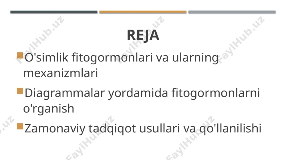 g o'sishi, gullashi va meva berish jarayonlarini boshqaradi. ular hujayra bo'linishi va uzluksiz rivojlanishni ta'minlaydi. 3 ta'sir etuvchi omillar fitogormonlarning faoliyatiga atrof-muhit omillari, masalan, yorug'lik, namlik va harorat ta'sir qiladi. bu omillar fitogormonlar balansini va ta'sirini o'zgartirishi mumkin. fitogormonlar mexanizmlarini diagrammalar orqali tushunish asoslari. 1 fitogormonlar mexanizmlari fitogormonlar o'simliklarning rivojlanish jarayonida muhim rol o'ynaydi. ular o'simliklar orasida kimyoviy signal sifatida ishlaydi va o'sishni boshqaradi. 2 diagrammalar va tushuncha diagrammalar fitogormonlarning ta'sir mexanizmlarini vizual ko'rsatishda yordam beradi. ular o'simliklarning turli rivojlanish bosqichlaridagi jarayonlarni aniq aks ettiradi. 3 innovatsion diagramma metodlari zamonaviy diagramma metodlari, masalan, raqamli grafikalar va interaktiv modellar, o'simlik fitogormonlarini o'rganishda yangi imkoniyatlar yaratmoqda va tajriba natijalarini yengillashtirmoqda. o'simlik fitogormonlarini o'rganishda innovatsion diagramma metodlari. diagramma turlari o'simlik fitogormonlarini o'rganishda turli diagramma turlari, masalan, oqim diagrammalari va sxemalar, ma'lumotlarni aniq va tushunarli ko'rsatishga yordam beradi. innovatsion usullar zamonaviy diagramma metodlari, masalan, interaktiv grafikalar va 3d modellashtirish, fitogormonlar mexanizmlarini yanada chuqurroq tushunishga …