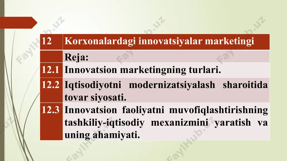 dek, eksport salohiyatini oshirish kabi dolzarb vazifalar turibdi. ushbu vazifalarni samarali hal etish faol innovatsion siyosat yuritish va innovatsion korxonada marketing faoliyatini rivojlantirishni talab etadi. marketing bu bozorni tadqiq etish, bozor konyukturasi ma‘lumotlari asosida mahsulot va xizmatlar ishlab chiqarishni boshqarish va tartibga solish borasidagi faoliyatdir. agar yirik innovatsion korxonada marketingga boshqaruvning eskirgan shakllari inertsiyasi natijasida e‘tibor berilmayotgan bo‘lsa, kichik biznes va xususiy sektorda ushbu holatning sababalari sifatida ijtimoiy-ruhiy omillar asos bo‘ladi. hozirgi kunda innovatsiya sohasidagi tadbirkorlar qatlamini asosan, sobiq olimlar va ixtirochi menejerlar tashkil etadi. oldingi kasbi va sobiq iqtisodiy sharoiti ta‘sirida tadbirkorlarning ushbu guruhi o‘zining asosiy e‘tiborini birinchi o‘rinda innovatsiyalarning foydali xususiyatlariga qaratadi, ikkinchi o‘rinda esa moliyaviy manbalarni izlash hamda va oxirgi o‘rinda o‘z biznesini tashkil etish va potentsial sotuv bozorlarini tahlil qilish haqida bosh qotiradi. bunday sharoitda muvaffaqiyatli innovatsiya qonuniyat bo‘lmay, balki qandaydir omadli tasodifga aylanishi turgan gapdir. bugungi kunda marketing uch jihat birligi sifatida tushuniladi: 1) biznesning …