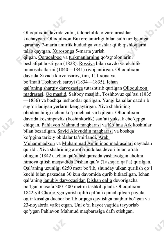 llarda ichanqal'aning sharqiy qal'a devori o'rnida olloqulixon mablag'lari hisobidan qurilgan. madrasa ichan-qal’a g‘arbiy fasad ansambli tarkibiga kiradi va polvon darvoza bilan bog‘langan. xiva va oʻrta osiyodagi eng mashhur madrasalardan biri. olloqulixon madrasasi sunʼiy tepalik (balandligi 3 m) ustiga qurilgan, shu tufayli qoʻshni binolardan ancha baland koʻrinadi. madrasi tog`ri to`rtburchak tarhli (62,45x47,0 m), peshtog`i g`arbga qaragan. bosh tarzini miyon-saroy, masjid va darsxona hamda 2 qavatli hujralar egallagan. eshikdagi yozuvda binoning kurilgan sanasi saqlangan. hovli (34,6x29,4 m) tomoni oʻziga xos, undagi 2 qavatli qator hujralar polvon darvozaning kichik gumbazlari ustiga va qisman tim gumbazlari chekkasiga joylashgan. mas-jid va darsxona (4,8x4,8 m) tuzilishi bir xil. usti yarim aylana shaklidagi pastak gumbaz bilan yopilgan. devorlaridagi chuqur ravoq- lar hisobiga xona keng koʻrinadi. ayvon (5,5x5,5 m) madrasa gʻarbida joylashgan, mehrobi ganchli muqarnasdan "iroqi" uslubida bezatilgan. hujralar (99 ta)ning har birida bittadan eshik, tobadoniga panjaralar oʻrnatilgan. bu madrasada qozoq va turkman domlalar dars berganligiga qaraganda, ko‘pchilik …
