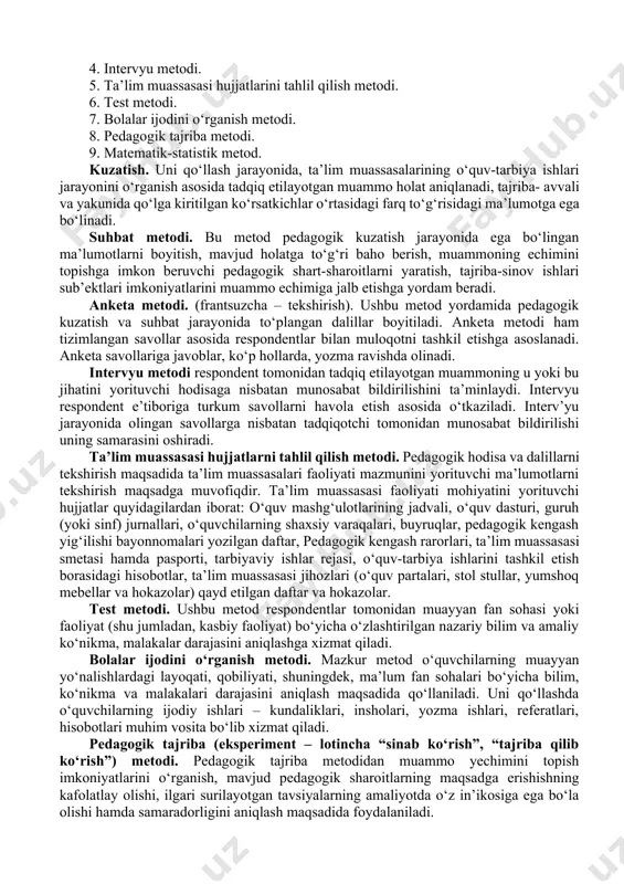 – maktabgacha ta’lim yoshidagi bolalarni tarbiyalash, ularni intellektual, ma’naviy-axloqiy va jismoniy jihatdan kamolotga etkazish masalalarini o‘rganadi. 3. korreksion (maxsus) pedagogika – rivojlanishida turli psihologik va fiziologik nuqsonlari bo‘lgan bolalarni tarbiyalash va o‘qitish bilan bog‘liq muammolarni o‘rganadi. o‘z navbatida korrektsion pedagogika uch qismnga bo‘linadi: surdopedagogika, oligofrenopedagogika, tiflopedagogika. 4. metodika – xususiy fanlarni o‘qitish xususiyatlarini o‘rganadi. 5. pedagogika tarixi – ta’lim va tarbiyaning yuzaga kelishi, taraqqiy etishi, muayyan tarixiy davrlarda etakchi o‘rin egallagan pedagogik fikrlar taraqqiyoti masalalarini o‘rganadi. 6. pedagogik texnologiya – ta’lim va tarbiya jarayonida zamonaviy pedagogik texnologiyalarni qo‘llash, texnologik yondashuv asosida ta’lim va tarbiya jarayonining samaradorligini oshirish muammolarini o‘rganadi. 7. pedagogik mahorat – bo‘lajak o‘qituvchilarning kasbiy mahoratlarini oshirish, takomillashtirish muammolarini o‘rganadi. 8. ijtimoiy pedagogika – ijtimoiy munosabatlar jarayonida pedagogik g‘oyalarning tutgan o‘rni va roli, shaxsni kasbiy va ijtimoiy faoliyatga yo‘naltirish muammolarini o‘rganadi. 3.pedagogik ilmiy-tadqiqot metodlari pedagogika fani rivoji muayyan pedagogik muammolarni tadqiq etish maqsadida olib borilgan tadqiqot ishlarining g‘oyasi, mazmuni …