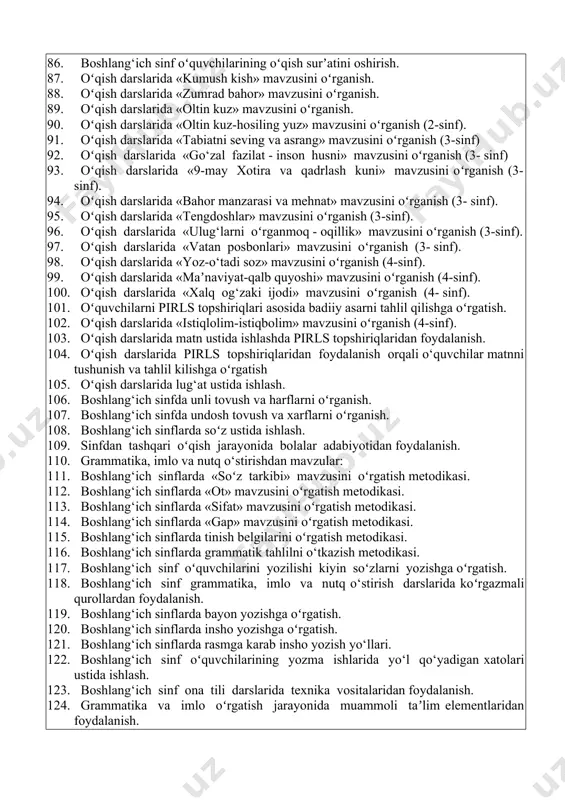 a taʼlimiy vositalardan foydalanish. 64. sinfdan tashqari oʻqish darslarida sh.saʼdulla ijodini oʻrganish. 65. sinfdan tashqari oʻqish darslarida k.xikmat ijodini oʻrganish. 66. sinfdan tashqari oʻqish darslarida a.obidjon ijodini oʻrganish. 67. sinfdan tashqari oʻqish darslarida p.mumin ijodini oʻrganish. 68. sinfdan tashqari oʻqish darslarida q.muhammadiy ijodini oʻrganish. 69. sinfdan tashqari oʻqish darslarida r.tolib ijodini oʻrganish. 70. sinfdan tashqari oʻqish darslarida t.adashboyev ijodini oʻrganish. 71. sinfdan tashqari oʻqish darslarida a.abdurazzok ijodini oʻrganish. 72. sinfdan tashqari oʻqish darslarida a.begaliyev ijodini oʻrganish. 73. sinfdan tashqari oʻqish darslarida qardosh xalq yozuvchilari ijodini oʻrganish. 74. sinfdan tashqari oʻqish darslarida xorijiy xalq bolalar yozuvchilari ijodini oʻrganish. 75. umumlashtiruvchi oʻqish darslarini tashkil etish. 76. oʻqish darslarida taʼlimiy o‘yinlardan foydalanish. 77. oʻqish darslarida koʻrgazmali vositalardan foydalanish. 78. oʻqish darslarida oʻquvchilar nutqini o‘stirish. 79. oʻqish darslarida badiiy til vositalari ustida ishlash. 80. oʻqish darslarida mustaqil ishlarni tashkil etish. 81. oʻqish darslarida maqollarni oʻrganish uslubiyoti. 82. oʻqish darslarida topishmoqlarni oʻrganish uslubiyoti. 83. oʻqish …