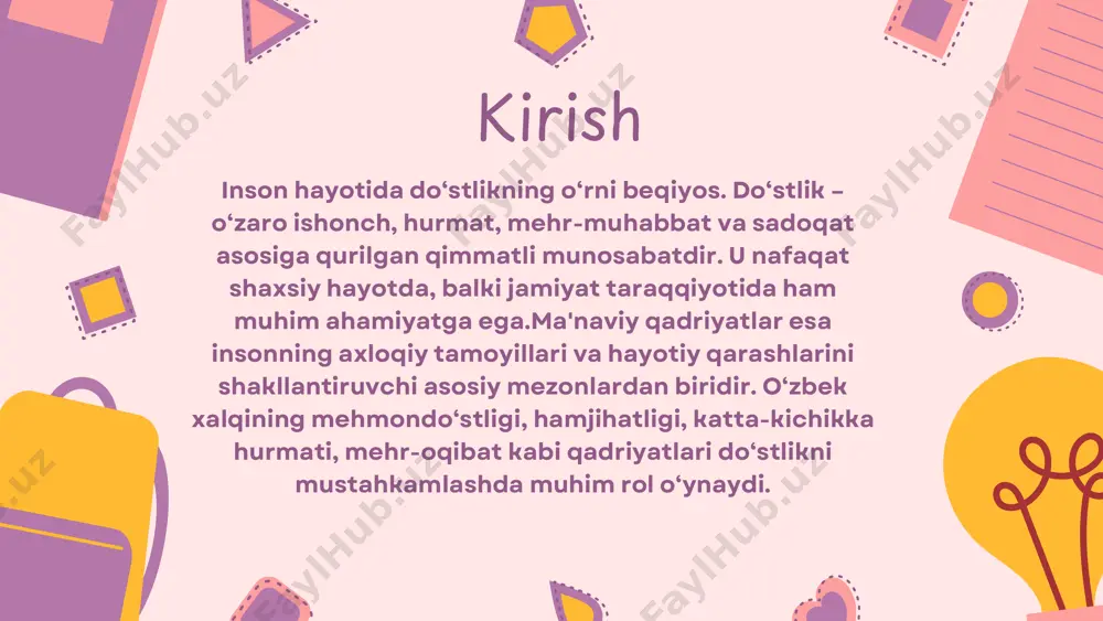 ndo‘stlik va saxovatpeshalik qadriyatlari yosh avlodni mehribon va muruvvatli bo‘lishga o‘rgatadi.to‘rtinchidan, adolat va halollik do‘stlik munosabatlarida muhim ahamiyatga ega. do‘stlar bir-biriga halol bo‘lishi, ikkiyuzlamachilik va yolg‘ondan yiroq bo‘lishi lozim. yolg‘on va xiyonat do‘stlikni buzadi, shuning uchun halollik va samimiylik do‘stlik munosabatlarini mustahkamlashga xizmat qiladi.beshinchidan, jamoaviy birdamlik va hamkorlik do‘stlikni rivojlantirishga xizmat qiladi. o‘quvchilar jamoaviy ishlarda qatnashish, guruh bo‘lib ishlash, sport musobaqalarida bir-birini qo‘llab-quvvatlash orqali o‘zaro hamjihatlik va birdamlikni shakllantiradilar.xulosa qilib aytganda, ma'naviy qadriyatlar yosh avlodda do‘stlikni shakllantirishda asosiy o‘rin tutadi. hurmat, sadoqat, mehr- muruvvat, adolat va jamoaviy birdamlik kabi qadriyatlarni o‘zlashtirgan o‘quvchilar chin do‘stlikning qadriga yetib, uni asrashga intiladilar. shu boisdan, ta’lim jarayonida o‘quvchilarga do‘stlikning ahamiyatini tushuntirish va ularni ma'naviy qadriyatlar asosida tarbiyalash muhim vazifalardan biri hisoblanadi. do‘stlik inson hayotida muhim o‘rin tutadi. uni shakllantirish va mustahkamlash uchun turli usullardan foydalanish lozim. o‘quvchilar orasida chin do‘stlikni rivojlantirish uchun quyidagi usullar samarali hisoblanadi.birinchidan, jamoaviy o‘yin va mashg‘ulotlar do‘stlikni rivojlantirishga yordam beradi. …
