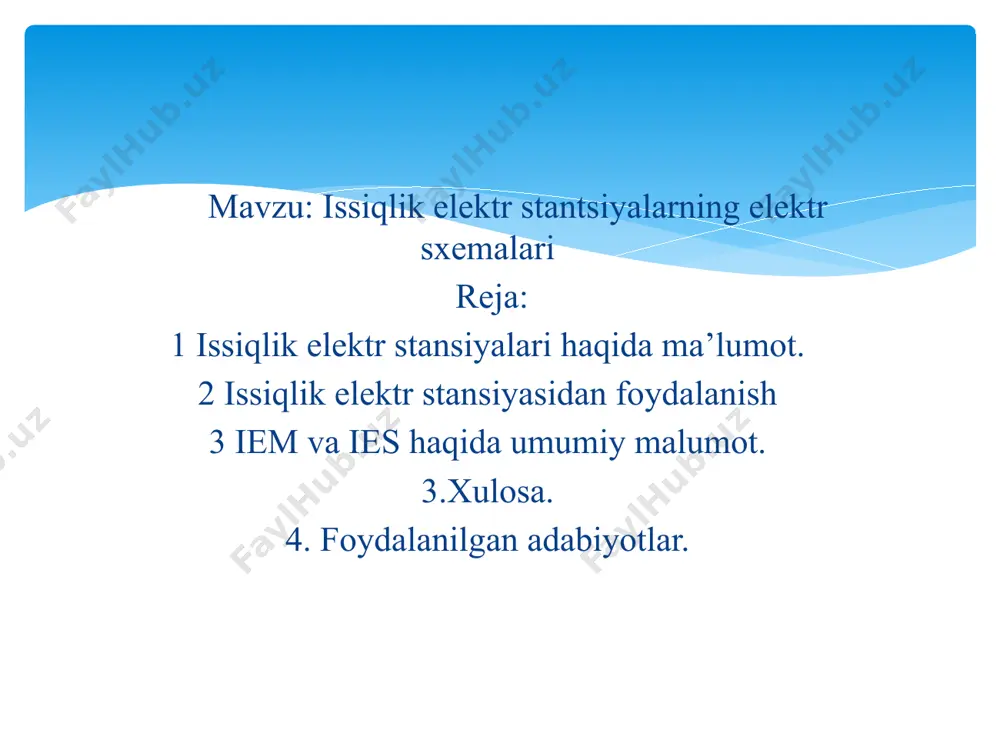 i ishlab chiqarish, taqsimlash, va boshqaruv jarayonlarini osonlashtirish uchun muhim ahamiyatga ega. quyida issiqlik elektr stansiyalarining asosiy elektr sxemalari haqida tushuncha beriladi: issiqlik elektr stansiyalari (ies) elektr energiyasi ishlab chiqarish jarayonida issiqlik energiyasini elektr energiyasiga aylantiruvchi yirik komplekslardir. ularning elektr sxemalari ishlab chiqarish, taqsimlash, va boshqaruv jarayonlarini osonlashtirish uchun muhim ahamiyatga ega. quyida issiqlik elektr stansiyalarining asosiy elektr sxemalari haqida tushuncha beriladi: 1. ies elektr sxemalarining tuzilishi issiqlik elektr stansiyalaridagi elektr sxemalar odatda quyidagi qismlardan iborat: bosh elektr stansiya (generator sxemasi): issiqlikdan mexanik energiya hosil qilish uchun turbinaga ulangan generatordan iborat. ushbu generator elektr energiyasini ishlab chiqaradi. transformatorlar: generatorlarda hosil bo'lgan elektr energiyasi odatda past kuchlanishda (masalan, 10-20 kv) ishlab chiqariladi. uni yuqori kuchlanishga (110 kv va undan yuqori) aylantirish uchun transformatorlar ishlatiladi. kuchlanishni taqsimlash sxemasi: elektr energiyasi taqsimlash punktlari orqali iste'molchilarga yetkaziladi. bu jarayon yuqori kuchlanish liniyalari yordamida amalga oshadi. zaxira va boshqaruv sxemalari: nosozliklar va avariya holatlarida tizimni …