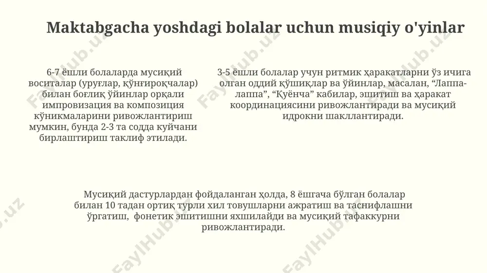 n musiqiy ijod o'yinlari improvizatsiya, melodiya yaratish, sodda kuy-qo'shiqlarni bastalash kabi murakkabroq vazifalarni o'z ichiga oladi, bu ularning ijodiy fikrlashini oshiradi. yoshga mos musiqiy ijod o'yinlari 3-5 yoshli bolalar uchun ritmik harakatlar, sodda asboblar (qo'ng'iroq, daf) bilan o'yinlarni o'z ichiga oladi, bu ularning musiqiy tuyg'usini va ritmni his qilish qobiliyatini rivojlantiradi. musiqiy improvizatsiya o'yinlari 8-10 ёшлиларда мураккаброқ мелодик ва ритмик структураларни ўзлаштиришга йўналтирилган, кампир, қўшиқ ва рақс элементларини қўшиб, 5-6 та мусиқий инструментдан фойдаланган импровизациялар уларнинг мусиқий тафаккурларини бойитади. 11-13 ёшли ўсмирларда белгиланган тема асосида эркин мусиқий импровизацияларни бажариш орқали, фантазия, композиция ва интерпретация қобилиятларини ривожлантиришга эришилади, турли жанрдаги 7-8 та инструментдан фойдаланилади. 5-7 ёшли болалар учун ритмик такрорлашлар ва оддий куйларни импровизация қилиш орқали, 2-3 та содда мусиқий инструментлардан фойдаланиш билан эшитиш ва ижод қобилиятини ривожлантириш мумкин. harakat va musiqa uyg'unligi o'yinlari “harakat va musiqa uyg'unligi o'yinlari”da 3-5 yoshli bolalar uchun sodda, takrorlanuvchi harakatlar va musiqiy ohanglarni birlashtirgan o'yinlar …