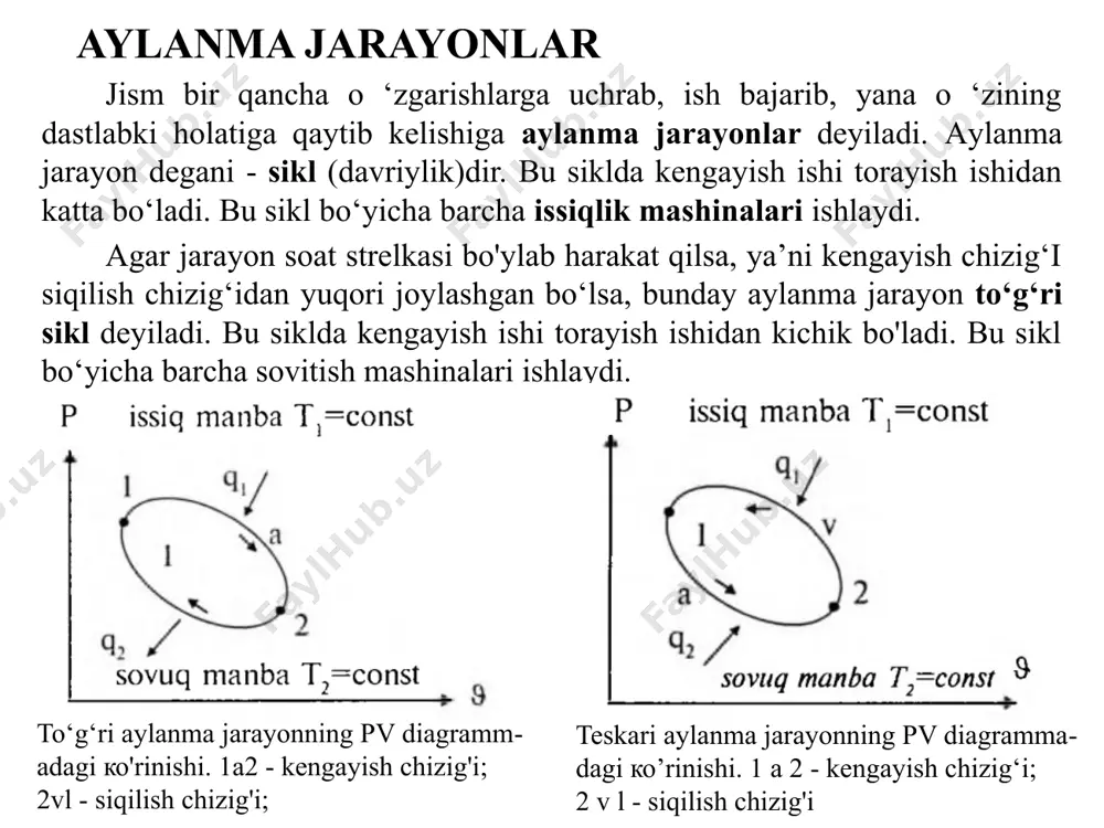 rshenning harakati c nuqtada to’xtaydi. uchinchi jarayon – izotermik siqilish. porshen dastlabki holatiga shunchalik sekin qaytadiki, gaz sovutgish haroratida qoladi. bunda tashqi kuchlar gaz ustidan ish bajaradi. uning hajmi kamayadi, harorati o’zgarmay qoladi, bosim esa ortadi. d nuqtada sistema termik izolyatsiya qilinadi. to’rtinchi jarayon – adiabatik siqilish. tashqi kuchlar tomonidan gazning siqilishi davom etadi, lekin bunda issiqlik almashinuv bo’lmaydi. gazning hajmi kamayadi, harorat va bosimi ortadi. harorat issiqlik manbaining haroratiga t1 ga yetgach, siqilish jarayoni to’xtaydi va karno sikli yopiladi. karno sikli karno siklining termik foydai ish koeffisiyenti. karno siklining termik f.i.k. ish jismining xossalariga bog’liq emas, balki faqat absolyut haroratlar t1 va t2 ning qiymatlari bilan aniqlanadi. karno siklining termik f.i.k. qiymati t1 ortishi va t2 kamayishi bilan kattalashadi. karno siklining termik f.i.k. doimo birdan kichik bo’ladi, chunki t2 = 0 yoki t2 = ∞ bo’lgandagina birga teng bo’lishi mumkin. karno siklining termik f.i.k. ni oshirish uchun issiqlik manbai …