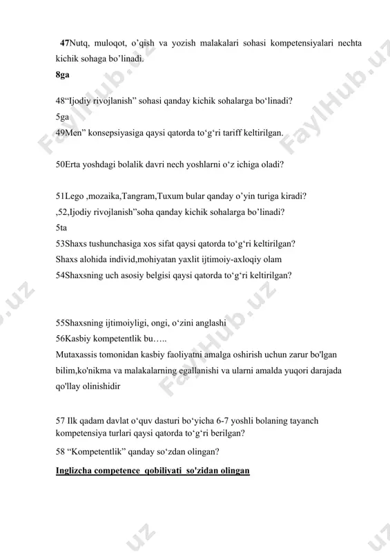 alda yuqori darajada qo'llay olinishidir 57 ilk qadam davlat o‘quv dasturi bo‘yicha 6-7 yoshli bolaning tayanch kompetensiya turlari qaysi qatorda to‘g‘ri berilgan? 58 “kompetentlik” qanday so‘zdan olingan? inglizcha competence qobiliyati so'zidan olingan 59bolaning o‘yin jarayoni va uni tashkil qilishda tajriba, bilim va ko‘nikmalardan ijodiy foydalanishi. o‘quv-tarbiyaviy faoliyat uchun asos hisoblanadi. ushbu ta’rif qaysi tushunchaga tegishli? 60“ijtimoiy-hissiy” rivojlanish sohasi kompetensiyalari nechta kichik sohaga bo’linadi. “bilish jarayonining rivojlanishi” sohasi qanday kichik sohalarga bo‘linadi? bolaning o‘zi haqidagi anglangan tasavvurlari tizimi, uning refleksiv faoliyatining bir qismi. ushbu ta’rif qaysi tushunchaga tegishli? kichik maktabgacha yosh davri nech yoshlarni o‘z ichiga oladi? ==== o’rta maktabgacha yosh davri nech yoshlarni o‘z ichiga oladi? ==== katta maktabgacha yosh davri nech yoshlarni o‘z ichiga oladi? maktabga tayyorlov yosh davri nech yoshlarni o‘z ichiga oladi? ==== bolaning belgilangan tartib va odob-axloq qoidalariga rioya qilgan holda tengdoshlari va kattalar bilan birgalikda ishlash qobiliyati nima deb ataladi? ==== o‘z g‘oyalarini ilgari suradi …
