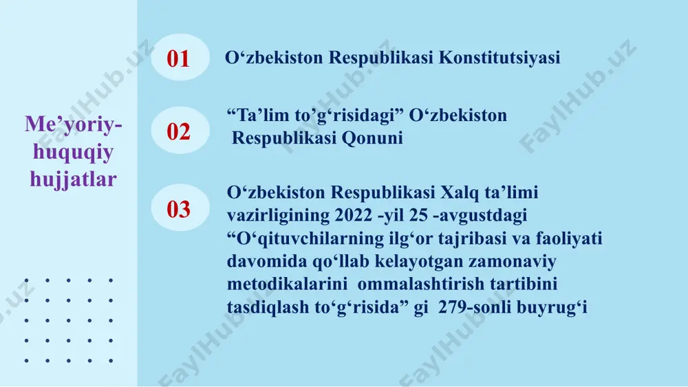 t va boshqaruv tizimi 2.o‘qituvchilarni malakasini oshirish va tajriba almashish 3.rag‘batlantirish tizimi 4.texnologiyalardan foydalanish 5.tajribani ommalashtirishning madaniy aspektlar ko‘pgina rivojlangan mamlakatlarda bu jarayon mahalliy va mustaqil boshqaruv tizimida olib boriladi. o‘qituvchilar doimiy ravishda o‘zaro hamkorlik va sinov darslari orqali tajriba almashadi. ilg‘or pedagoglar malaka oshirish kurslari va yuqori maoshlar bilan rag‘batlantiriladi. ta’limda raqamli texnologiyalar va onlayn platformalar keng rivojlangan. madaniy o‘ziga xosliklar va hurmat madaniyati tajriba almashishda muhim rol o‘ynaydi. pedagoglar tajribasini ommalashtirish davlat tomonidan markazlashtirilgan tartibda boshqariladi. seminarlar, treninglar va mentorlik tizimi orqali o‘qituvchilar malakasini oshirish amalga oshiriladi. davlat mukofotlari va e’tiroflar orqali pedagoglarni rag‘batlantirish amalga oshiriladi. raqamli texnologiyalar cheklangan imkoniyatlar bilan qo‘llaniladi. mahalliy pedagogik an’analar va milliy qadriyatlar jarayonlarga ta’sir ko‘rsatadi. amaldagi holat (o‘zbekistonda) amaldagi holat (xorijda) takliflar 1. metodik markazlar va tajriba almashish platformalarini rivojlantirish. 2. professional oʻquv jamoalarini shakllantirish. 3. innovatsion pedagogik usullarni keng joriy qilish boʻyicha maktabda treninglar tashkil qilish. 4. ilgʻor tajribalar asosida metodik …