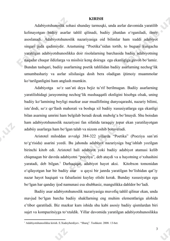 lgan: sujet (fr.sujet-predmet, asosga qo‘yilgan narsa)-badiiy shaklning eng muhim elementlaridan biri, asardagi bir-biriga uzviy bog‘liqholda kechadigan, qahramonlarning xatti-harakatlaridan tarkib topuvchi voqelar tizimi. sujetlilik badiiy adabiyotning xos xususiytlaridan biri bo‘lib, sujet tur yo janridan qat’iy nazar, barcha asarlarda bor, biro uning namoyon bo‘lishi ko‘p jihatdan qaysi tur yoki janrga mansubligiga bog‘liq. masalan, lirikada voqelar tizimi yo‘q, lekin unda o‘y-fikrlar, his-kechinmalar rivoji mavjud va bu uning sujetini tashkil qiladi[footnoteref:2]. [2: d.quronov, z.mamajonov, m.sheraliyeva. adabiyotshunoslik lug’ati. toshkent. 2013. 288-bet.] jahon adabiyotshunosligining dastlabki risolalaridan biri hisoblanmish yunon olimi aristotelning “poetika” asarida sujet bu “voqealar oqimi”, “go‘zallik hajmi va tartibi”, “kutilmagan holatlar va ularning ochilishidir”, “bilmaslikdan bilishga tomon, baxtiyorlik bilan baxtsizlikka mahkum etilgan shaxslarning do‘stlik yoki dushmanlik tomon o‘tishidir,[footnoteref:3]” deya fikr bildirilgan. taniqli adabiyotshunos olim azimjon rahimov esa m.gorkiyning syujetni “aloqalar , qarama-qarshiliklar, simpatiya va antipatiyalar, umuman kishilarning o‘zaro munosabati, u yoki bu xarakterning, tipning o‘sishi va tashkil topishi tarixi[footnoteref:4]” degan fikrlarini o‘z asarida keltirib …