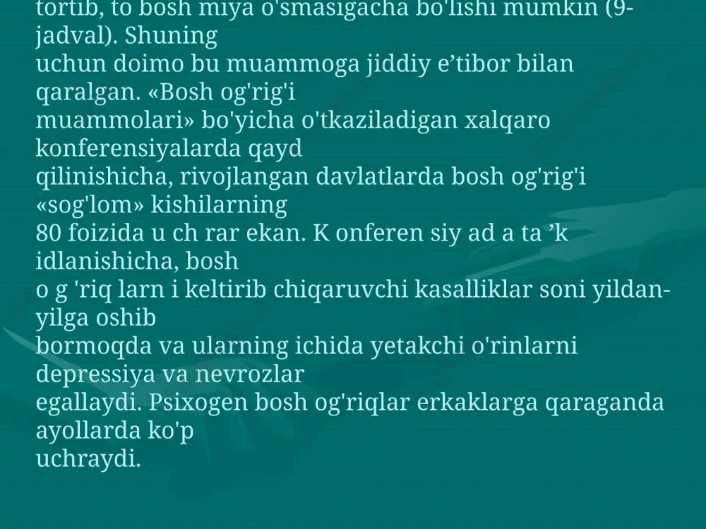 tanasining og'riydigan joylariga olib boradi. bunday bemorlarda tananing eng sezgir joylari, odatda bosh va oyoqlar hisoblanadi. «bezovta oyoqlar» sindromi bu sindrom ga xix asr boshidayoq fransuz psixiatrlari e ’tibor qaratishgan. «bezovta oyoqlar» sindromi niqoblangan depressiyaning bir klinik ko'rinishi bo'lib, bu kasallikda kechasi va tunda oyoqda turli xil paresteziyalar paydo bo'ladi, ular kunduz kuni va harakat qilgan paytlarida o 'tib ketadi. bemorlar oyog'iga xuddi birov nina bilan sanchgandek, tovonining tagi yonib turgandek, go'yoki oyoqlarining ustiga qizib turgan qum sepib qo'yilgandek sezishadi, oyoqlari bir qizib, bir sovib ketadi. bularning hammasi tunda boshlanadi, bemorlar uxlay olmay xonama-xona yurib chiqadilar. tong otishi bilan esa bu belgilar y o 'q o lad i. k unduzi bem or hech n arsad an shikoyat qilm aydi. bu bem orlarning nevrologik statusida organik belgilar aniqlanm aydi. «bezovta oyoqlar» sindromi affektiv buzilishlar bilan kechadi va uni organik kasalliklarda uchraydigan og'riqlardan ajratib turadi. psixogen astma psixogen astma o'tkir va surunkali …