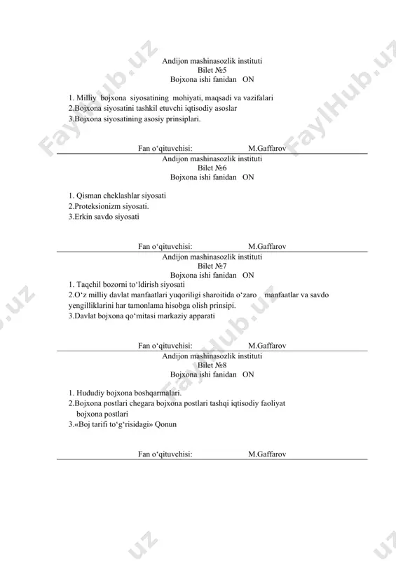 instituti bilet №9 bojxona ishi fanidan on 1. bojxona kodeksi 2.bojxona nazorati tushunchasi, ahamiyati va asosiy yo‘nalishlari 3.tovar va transport vositalarini o‘zbekiston respublikasining bojxona chegarasi orqali olib o‘tilishi tartibi fan o‘qituvchisi: m.gaffarov andijon mashinasozlik instituti bilet №10 bojxona ishi fanidan on 1.tashqi savdo bojxona statistikasining tushunchasi va asosiy vazifalari 2. tashqi savdo bojxona statistikasining ob’yekti 3.tashqi savdo bojxona statistikasini shakllantirishda ishlatiladigan ko‘rsatkichlar fan o‘qituvchisi: m.gaffarov andijon mashinasozlik instituti bilet №11 bojxona ishi fanidan on 1. bojxona to‘lovlarining turlari va ularni vazifalari? 2.bojxona boji.? 3.aksiz soligi.? fan o‘qituvchisi: m.gaffarov andijon mashinasozlik instituti bilet №12 bojxona ishi fanidan on 1. kushilgan kiymat soligi? 2.bojxona chegarasidan tovar va transport vositalarni olib o‘tishda undiriladigan bojxona to‘lovlarining turlari o‘zbekiston respublikasi “boj 3.tarifi to‘g‘risidagi” qonunda, bojxona kodeksida va soliq kodeksida kanday berilgan..? fan o‘qituvchisi: m.gaffarov andijon mashinasozlik instituti bilet №13 bojxona ishi fanidan on 1. import bojxona bojlarining stavkalari kanday belgilanadi va birinchi navbatda nimani aniqlash …