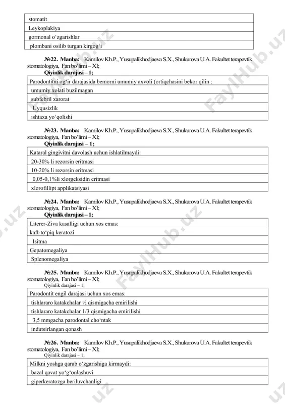 yusupalikhodjaeva s.x., shukurova u.a. fakultet terapevtik stomatologiya, fan bo’limi – xi; qiyinlik darajasi – 1; funksional klinik usullarga kirmaydi: ko‘rik,r-grafiya stomatoskopiya, eod reografiya polyarografiya №29. manba: kamilov kh.p., yusupalikhodjaeva s.x., shukurova u.a. fakultet terapevtik stomatologiya, fan bo’limi – xi; qiyinlik darajasi – 1; yarali gingivitda qo‘llanilmaydigan davolash usullari: gingivoektomiya applikatsion anesteziya proteolitik fermentlar bilan milkni applikatsiya qilish xlorgeksidin bilan og‘izni chayish №30. manba: kamilov kh.p., yusupalikhodjaeva s.x., shukurova u.a. fakultet terapevtik stomatologiya, fan bo’limi – xi; qiyinlik darajasi – 1; parodontomalarga kirmaydi: eozonofil granulyoma epulis milk fibromatozi lipoma №31. manba: kamilov kh.p., yusupalikhodjaeva s.x., shukurova u.a. fakultet terapevtik stomatologiya, fan bo’limi – xi; qiyinlik darajasi – 1; loqal parodontit rivojlanmaydi: qon kasallaklarida margumish malxamining tish oraligiga tushishi plombaning osilib turgan kirgogi tish karashlarining kupligi №32. manba: kamilov kh.p., yusupalikhodjaeva s.x., shukurova u.a. fakultet terapevtik stomatologiya, fan bo’limi – xi; qiyinlik darajasi – 1; parodontit ob’ektiv kurinishda kuzatilmaydi: milk so‘rg‘ichlari shishasimon …