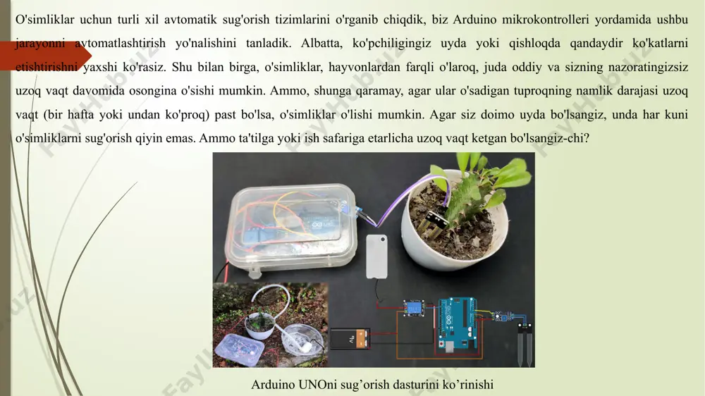 gini va shuning uchun uning yuqori qarshiligini ko'rsatadi. sensor o'z chiqishida tuproq qarshiligiga mutanosib analog kuchlanish darajasini ta'minlaydi. sensor elektron modul bilan birga keladi, bu uni arduino platasiga ulashni osonlashtiradi. ushbu elektron modul lm393 chipiga asoslangan yuqori aniqlikdagi komparatorni o'z ichiga oladi, u analog signalni raqamliga o'zgartiradi, so'ngra arduino platasiga (yoki boshqa mikrokontrollerga) beriladi. nasos ushbu loyihada biz uy o'simliklarini sug'orishda yaxshi ish qiladigan kichik suv nasosidan foydalandik, uni to'g'ridan-to'g'ri arduino platasiga ulash mumkin. ammo bu holda, sxemaning ko'p qirraliligini ta'minlash uchun biz uni arduino platasiga o'rni moduli yordamida uladik. haqiqat shundaki, agar siz bog'ingizni sug'orish uchun shunga o'xshash tizimdan foydalanmoqchi bo'lsangiz, unda bu holda biz foydalanadigan kichik nasos endi katta hajmlarni va tuproqni sug'orishga qodir bo'lmaydi va sizga ancha katta suv nasosi kerak bo'ladi. bunday nasos o'zgaruvchan tok tarmog'idan quvvatlanadi. bunday holda, siz faqat bizning kontaktlarning zanglashiga olib keladigan doimiy oqim manbasini (batareyani) o'zgaruvchan tok bilan almashtirishingiz va arduino …