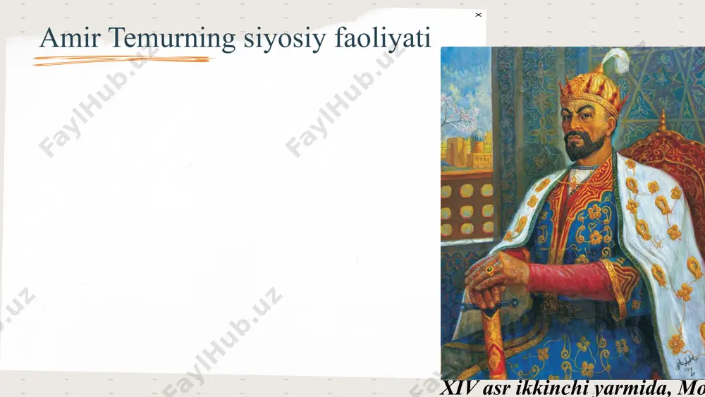 ing “temuriylar davrida samarqand yodgorliklari” (1891), e. gallauning “temur poytaxtiga sayohat” asarlari shular jumlasidandir. : activity 1: activity 2: activity 3: uyg`onish davri ingliz dramaturgiyasi va teatr san’ati asoschilaridan bir kristofor morloning amir temur haqidagi asarlari jahon tarixida juda katta ahamiyatga ega. ushbu asar 1590-yilda nashr ettirilgan. adib ushbu asarni yaratishda fransiyalik tarixchi petro perondinoning “skifiyalik byuk temurning hayoti” kitobidan manba sifatida foydalangan . xvii asr g`arb adabiyotida yetakchilik qilgan klassisizm oqimi vakillari ijodida ham sharq mavzusi yuqori turadi.bular orasida jak pradoning “temur yoxud boyazidning o`limi” asari keng shuhrat qozondi. bu asar keyinchaik yevropa opera san’atida amir temur obrazi yaratilishida muhim manba bo`ldi. . bundan tashqari amir temur shaxsiga alohida qiziqqan ingliz tarixchisi, e.gibbon nashrlarini ko`ramiz. “butun dunyoni istilo qilib, ubga hukmronlik qilish shuhratparast temurning bosh maqsadi edi. avlodlar hurmatiga ega bo`lish, ularning yodida qolish bu oliyjanob zotning ikkkinchi istagi edi”. gibbon temurning oddiy fuqarodan osiyo hukdori darajasiga ko`tarilishini alohida …