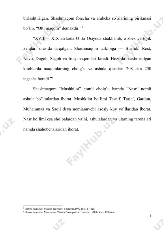 yozishcha: “bu nom xiii asr boshlarida o’rta osiyoni bosib olgan mo’g’ullar imperiyasining yoki xvi asrda hindistonda zahiriddin bobur barpo etgan “buyuk mo’g’ullar imperiyasi”ga bog’liq holda yuzaga kelgan bo’lishi ehtimol[footnoteref:10]”. [10: исҳоқ ражабов. мақомлар масаласига доир. тошкент. 1963-йил. 230-бет.] har holda shashmaqomdagi “mo’g’ulcha” nomlari mo’g’ullar musiqasida mashhur bo’lgan doira usullariga nisbatan berilgan bo’lsa kerak. mo’g’ulchalar o’zining kuy qiyofasi va xarakteri jihatidan savtlarga o’xshaydi. ularning takt-ritm o’lchovi 5/4 bo’lib, doyra usuli quyidagicha: savt bilan mo’g’ulcha usullari orasidagi farq ular sur’atining tez yoki sekinligidadir. mo’g’ulchani doira usulining sur’ati savtlarnikidan bir oz tezroq. mo’g’ulchalar ijrosi uchun “ramali musammani mahzuf” deb ataladigan she’r vazniga mos g’azallardan foydalaniladi, deb ta’kidlaydi i.rajabov: [footnoteref:11] [11: исҳоқ ражабов. мақомлар. “san’at” нашриёти. тошкент. 2006-йил. 251-252-бет.] foilotun - foilotun - foilotun - foilun mo’g’ulchalar rost va iroq maqomlarida uchramaydi. qolgan maqomlarda esa ular quyidagicha, ya’ni mo’g’ulchai buzruk, mo’g’ulchai navo, mo’g’ulchai dugoh, mo’g’ulchai segoh deb, maqomlarning nomi bilan qo’shilib aytiladi. mo’g’ulchalar o’zining …