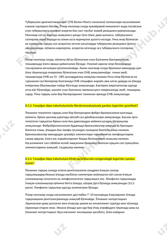 awajlanıw protsesi basqıshına hám bakteriya ajıratıwına qaray tarqalǵan ókpe tuberkulyozi klinikasınıń ózine tánligi? табалмадым буган 8.3.1. tarqalǵan ókpe tuberkulyozinda laboraror tekseriw: ulıwma qan hám sidik analizi,mbtge qaqırıqtı tekseriw, bioximiyalıq analiz natiyjesi? ўткир миллиар силда, кўпинча йўтал бўлмагани учун балғамни бактериологик текширишда ўзига яраша қийинчилик бўлади. умумий аҳволи оғир беморларда таъсирловчи ингаляция қўлланилмайди. аммо миллиар силда бронхиал ювиндида ҳам ўпка тўқимасида емирилиш бўлмагани учун смб аниқланмайди. +онни экиб, текширганда смб ни 15 –18% ҳоллардагина аниқлаш мумкин. ўпканинг ўткир тарқоқ сили турида қонни умумий клиник таҳлилқилганда, одатда, ўртача лейкоцитоз ёки лейкоцитлар таркиби меъёрда, эозинофиллар ва лимфоцитлар камайган бўлади. лейкоцитар формуланинг чапга силжиши билан мутлақ ва нисбий нейтрофилез ва эчт нинг бир қадар ошиши кузатилади. касаллик зўрайганда лейкопения ва тромбоцитопения ривожланади. анемик синдром, одатда, кузатилмайди. енгилроқ тарқоқсилга ўртача лейкоцитоз, лимфопения, моноцитоз, таёқча ядроли нейтрофилларни силжиши билан эчтнинг ошиши хос. сурункали тарқоқ сил хуруж қилган даврда гемограммада шу хилдаги ўзгаришлар кузатилади. сил жараёни барқарор …