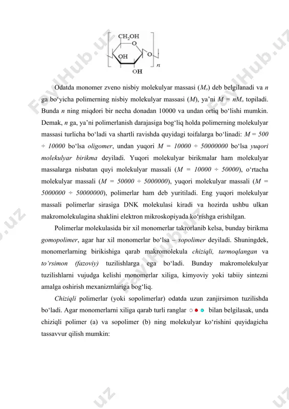gdek, gidrofilligi bilan farqlanishi mumkin. to‘rsimon yoki fazoviy makromolekula deb monomerlar (elementar zvenolar) uzun zanjirlar bo‘lib bir biri bilan uch o‘lchamli to‘rsimon shaklda birikkan polimer (a) yoki sopolimerga (b) aytiladi. bunday sopolimerlarda ham monomerlar (elementar zvenolar) turlicha bo‘ladi. a b to‘rsimon makromolekulalar, odatda, yuqori elastiklikka ega bo‘ladi, ular hajmiga quyi molekulyar birikmalar diffuzion tarzda kirishi, erituvchilarda cheklangan miqdorda bo‘kishi va gel-struktura hosil qilishi mumkin, ammo eritmaydi. bunday tuzulishli makromolekulalarning tipik vakillari kauchuk, jun keratini, teri kollageni kabi yuqori molekulyar birikmalardir. agar polimerda elementar zvenolar (monomerlar) monoton tarzda takrorlanib kelsa, zanjir bo‘ylab zvenolar “uzoq tartibi” hosil bo‘ladi va polimer regulyar deyiladi. bunday tartib saqlanmagan polimer noregulyar deb yuritiladi. noregulyarlikka turli xil sabablar olib keladi. masalan polimerlanish jarayonida zvenolarni () birikish tartibiga bog‘liq tarzda regulyar (a) va norgeulyar (b) zanjirlar hosil bo‘lishi mumkin: a b sopolimerlarda ham monomerlarning joylashishi tartibli yoki tartibsiz bo‘lishi mumkin. mos ravishda bunday makromolekulalar statistik regulyar yoki noregulyar …