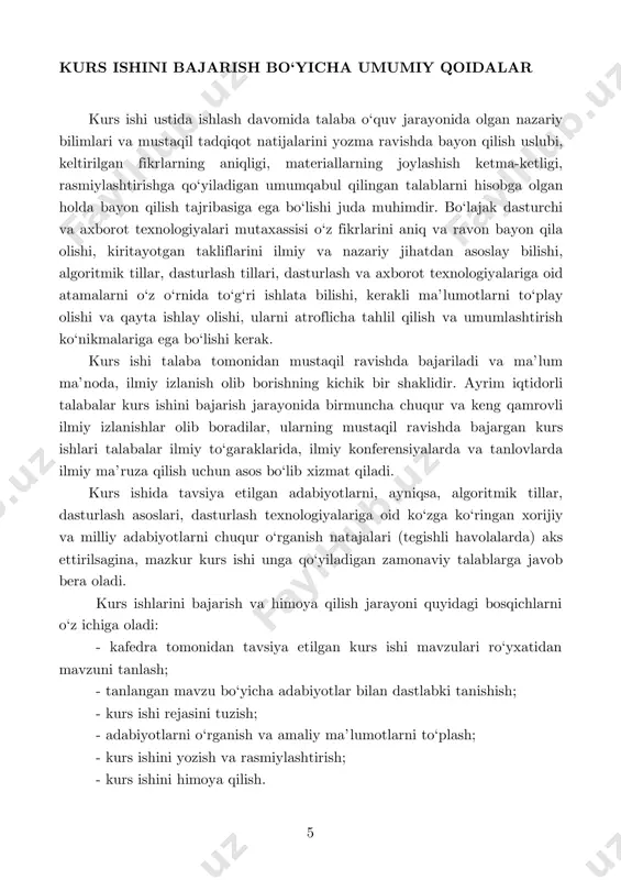 zlanishsiz ishlaydilar. bunday sovuqqonlik va loqaydlikdan, e’tiborsizlik va sustkashlikdan umumiy ish faqat zarar ko‘radi, kurs ishini bajarishdan ko‘zlangan maqsadga erishilmaydi. mavzuni tanlashga har bir talaba u yoki bu mavzuga ilmiy va amaliy qiziqishlarini, ilmiy to‘garaklardagi avvalgi ishtirokini hisobga olib, maxsus adabiyotlar bilan tanishuvi yoki oliy ta’lim muassasasigacha orttirgan ish tajribasiga tayangan holda yondashgani ma’qul. bundan tashqari, kurs ishi mavzusini talaba kelgusida tayorlayotgan bitiruv-malakaviy ishining mavzusi va yo‘nalishini hisobga olgan holda tanlagani maqsadga muvofiq, chunki kurs ishi, ma’lum ma’noda, malakaviy ishda ko‘tariladigan masala va muammolarning nazariy asosini tashkil qiladi. innovatsion rivojlanish talablaridan kelib chiqqan holda talaba, kurs ishiga rahbar etib tayinlangan professor-o‘qituvchi ilmiy rahbarligida o‘zi tanlagan dolzarb mavzuda ilmiy maqola tayyorlashi va kurs ishi himoya muddatigacha respublikamizdagi va dunyodagi nufuzli, impakt faktori yuqori 7 bo‘lgan yoki oak tomonidan ilmiy maqolalar nashr qilish taklif etilayotgan jurnallar ro‘yxatiga kiritilgan jurnallarda maqola chop etilgan bo‘lsa kurs ishi himoyasida ijobiy baholanadi. xulosa qilib aytganda, kurs …