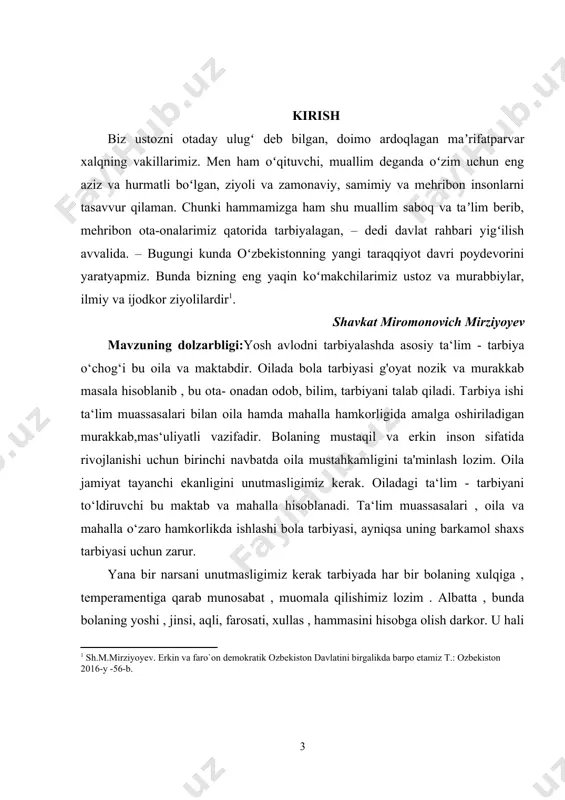 i:yosh avlodni tarbiyalashda asosiy ta‘lim - tarbiya o‘chog‘i bu oila va maktabdir. oilada bola tarbiyasi g'oyat nozik va murakkab masala hisoblanib , bu ota- onadan odob, bilim, tarbiyani talab qiladi. tarbiya ishi ta‘lim muassasalari bilan oila hamda mahalla hamkorligida amalga oshiriladigan murakkab,mas‘uliyatli vazifadir. bolaning mustaqil va erkin inson sifatida rivojlanishi uchun birinchi navbatda oila mustahkamligini ta'minlash lozim. oila jamiyat tayanchi ekanligini unutmasligimiz kerak. oiladagi ta‘lim - tarbiyani to‘ldiruvchi bu maktab va mahalla hisoblanadi. ta‘lim muassasalari , oila va mahalla o‘zaro hamkorlikda ishlashi bola tarbiyasi, ayniqsa uning barkamol shaxs tarbiyasi uchun zarur. yana bir narsani unutmasligimiz kerak tarbiyada har bir bolaning xulqiga , temperamentiga qarab munosabat , muomala qilishimiz lozim . albatta , bunda bolaning yoshi , jinsi, aqli, farosati, xullas , hammasini hisobga olish darkor. u hali bola degan fikrni unutib, bola boshidan degan fikr bilan tarbiyalanib borishi kerak. tarbiya jarayonida mayda detal degan narsa bo‘lmasligi kerak , chunki u …