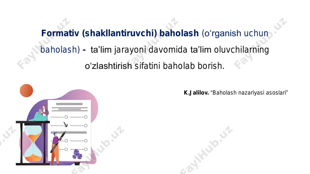 i bo‘lmasa; • fikr-mulohazani o‘quv jarayoni, vazifa yoki topshiriq bilan bog‘liq emas deb hisoblasa; • fikr-mulohazalarni o‘z vaqtida olmasa; • fikr-mulohaza haddan tashqari tanqidiy ruhda bo‘lsa. fikr-mulohaza  o‘ta umumiy  noaniqliklar mavjud  o‘quvchining shaxsiy xususiyatlariga asoslangan  faqatgina mukofot, rag‘bat sifatida ishlatilgan samarasiz fikr-mulohaza mazmuni samarali fikr-mulohaza mazmuni  o‘quvchining rivojlanishiga qaratilgan  kamchiliklarni bartaraf etish uchun nimalar qilish kerakligini o‘z ichiga olgan  tez-tez va o‘z vaqtida (kamchilik aniqlangan zahoti) berilgan  yozma, og‘zaki yoki vizual shaklda ifodalangan  ijobiylik ruhida ifodalangan  xoslangan, aniq shaklda (mavhum bo‘lmagan)  hukm chiqarilmagan, faqat, mavjud vaziyat tavsiflangan  o‘quvchining shaxsiy xususiyatlariga emas, faoliyatiga qaratilgan samarasiz fikr-mulohaza sinfdagi boshqa o‘quvchilarga nisbatan yaxshi bajargansiz. o‘quvchi nimasiga ko‘ra yaxshi bajarganini, qaysi nuqtalar yaxshi deya baholanayotganini, keyingi harakatlari qanday bo‘lishi kerakligini anglolmaydi. siz juda yaxshi o‘quvchisiz, sizdan nihoyatda manmunman! siz juda yaxshi gapirdingiz. o‘ta umumiy o‘quvchining qaysi xatti-harakatiga bunday xulosa berilayotgani ochiq aytilmagan. …