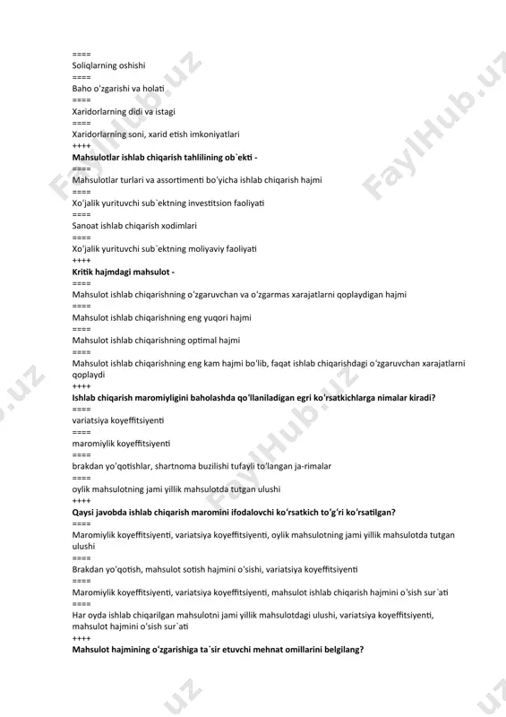 di ==== umumiy ishlab chiqarilgan mahsulotlar qiymati rejadagi mahsulot qiymatiga bo‘linib, yuzga ko‘paytiriladi ==== shartnoma majburiyatlari bo‘yicha sotilgan mahsulotlar qiymati rejadagi sotish hajmiga bo‘linib, yuzga ko‘paytiriladi ++++ shartnoma majburiyatlari bo‘yicha sotish rejasining bajarilishi qanday aniqlanadi? ==== umumiy sotilgan mahsulotlar qiymati rejadagi ishlab chiqarish hajmiga bo‘linib, yuzga ko‘paytiriladi ==== shartnoma majburiyatlari bo‘yicha sotilgan mahsulotlar qiymati rejadagi sotish hajmiga bo‘linib, yuzga ko‘paytiriladi ==== umumiy sotilgan mahsulotlar qiymati shartnoma bo‘yicha sotish hajmiga bo‘linib, yuzga ko‘paytiriladi ==== umumiy ishlab chiqarilgan mahsulotlar qiymati rejadagi mahsulot qiymatiga bo‘linib, yuzga ko‘paytiriladi ++++ mahsulot sifatini ifodalovchi individual ko‘rsatkichlar- ==== mahsulotning nafliligi, foydaliligi, ishonchliligi ==== jami mahsulotdagi sertifikatlashgan va sertifikatlashmagan mahsulot ulushi ==== o’rtacha navlilik koyeffitsiyenti ==== jami mahsulotda yangi mahsulot ulushi ++++ mehnat resurslaridan samarali foydalanishni ifodalovchi ko‘rsatkich emas - ==== xodimlar sonining mutloq o‘zgarishi ==== mehnat unumdorligi hamda uning hisobiga mahsulot hajmining o‘sishi ==== xodimlar sonini nisbiy kamayishi ==== mehnat haqi fondidan nisbiy iqtisod ++++ mehnat resurslari …