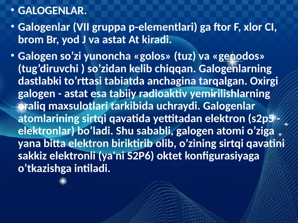 aydi, lekin bilvosita yo’llar bilan xlorning quyidagi oksidlari olingan: cl2o, clo2, ci2o6 (yoki clo3), cl2o7 clo2 va cl2o parchalanganda oraliq maxsulot sifatida clo xosil bo’lishi xam isbot qilingan. cl2o-xlor(i)-oksid, quruq simob(ii)- oksidga 0o c da xlor yuborish yo’li bilan xosil qilinadi: 2cl2+hgo=hgcl2+cl2o cl2o- sariq qo’ng’ir gaz, u beqaror modda bo’lganidan salga portlaydi. bu moddaning dipol momenti 1,96 debay, xlor atomi bilan kislorod atomi orasidagi masofa(ci-o-masofasi) 1,6 8 ao ga teng. cio- gipoxlorit- ion nomi bilan yuritiladi masalan, naclo- natriy gipoxlorit deyiladi. gipoxlorit kislota (hclo), u xlorning gidrolizi natijasida xosil bo’ladi: cl2+h2o --> hclo + hcl. hclo juda kuchsiz kislotalardan xisoblanadi: uning dissosilanish konstantasi k=310-8 ga teng. gipoxlorit kislota parchalanib, atomar kislorod chiqarib turadi. hclo=hcl+o shu sababli nam xlor oqartirish xossasiga ega bo’ladi. gipoxloritlarni olish uchun ishqorlarning eritmalariga xlor ta'sir etiriladi: cl2+2naoh=nacl+naclo+h2o bu reaksiya natijasida xosil bo’lgan suyuqlik ko’p vaqtlardan beri laborak suvi nomi bilan oqartirish maqsadlari uchun ishlatilib keladi. kaliy …