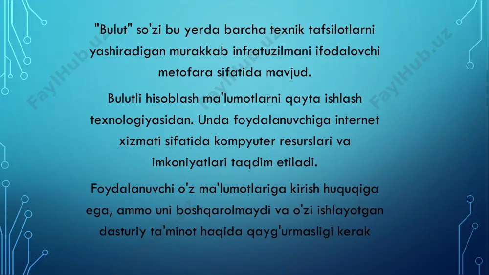 lanadi bulutli texnologiyalarning kamchiliklari b u lu tl i te x n o lo g iy al ar n in g k am ch il ik la ri bulutni yaratgan kompaniyaga foydalanuvchining ma'lumotlarning saqlashning qaramligi bulutli texnologiyalar bo'yicha monopoliyalarning hosil bo'lishi serverga xakerlar hujumi xavfi resursdan keyinchalik pul ishlash rahmat uchun e’tiboringiz