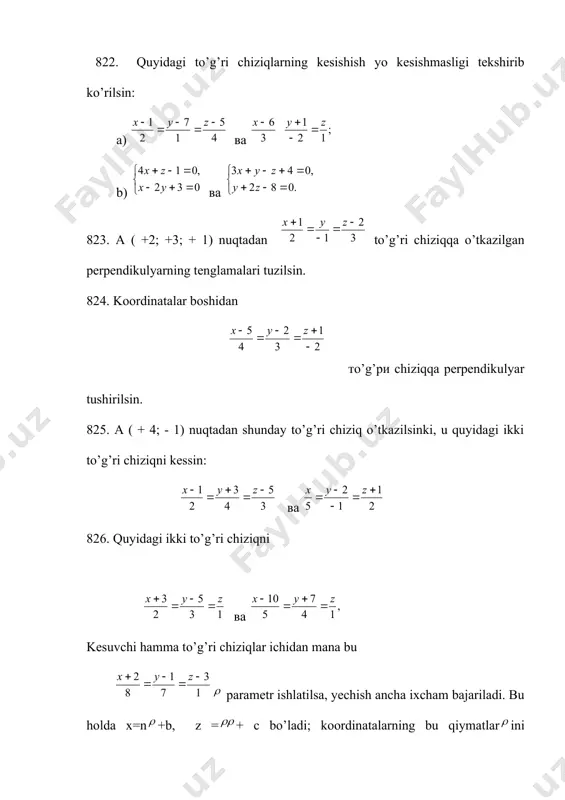 rga parallel tekislikning tenglamasi tuzilsin. 848. p( + 7; + 9; + 7 ) nuqtadan to’g’ri chiziqqacha bo’lgan masofa topilsin. sfera yasovchi ( х, у, z ) nuqtaning sfera markazi deb atalgan o’zgarmas ( a, b, s) nuqtadan sfera radiusiga teng o’zgarmas r masofada yotishini analitik usulda ifodalab sferik sirtning tenglamasini hosil qilamiz: ( х – а)+ ( у – b)2 + ( z- с )2 =r2, yoki qavslarni ochib yozilsa: х2+ у2+z2-2ах – 2bу -2сz + а2 + b2 + с2 – r2=0 shaklni oladi. sferaning tenglamasida to’rtta erkin parametr bor; ular: markazning koordinatalari va radiusdir. bu tenglama ikkinchi darajali bo’lgani uchun sfera ikkinchi tartibli sirtdir. sferaning ( 2 ) tenglamasi shunday xususiyatga egaki, unda ikkinchi darajali koordinatalarning koeftsentlari bir – biriga teng, koordinatalarning kupaytmalardan iborat bo’lgan xadlar yuq..aksincha, agar ikkinchi darajali tenglama shu ikki shartni qanoatlantirsa u sferani ifodalaydi, (2) tenglamaning bir xil koordinatali hadlari gruppalarini tula kvadratlarga …