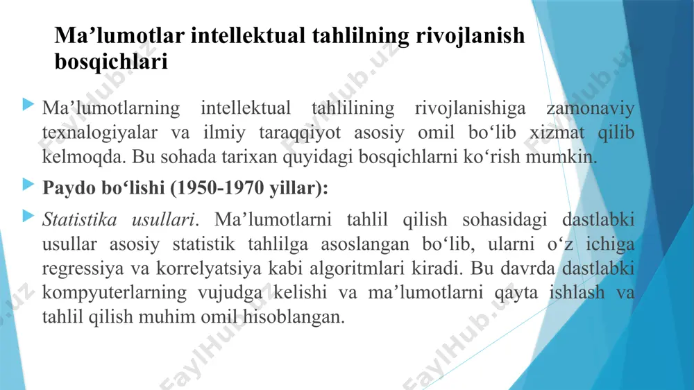i intellektual tahlil qilish imkoniyatini yaratdi. chuqur oʻqitish. sunʼiy neyron tarmoqlar (ann) va chuqur oʻqitish (deep learning) sohalari 2010-yillardan boshlab keng tarqaldi va maʼlumotlarni intellektual tahlil qilishda innovatsion usullarni taklif etdi. maʼlumotlar intellektual tahlilning rivojlanish bosqichlari maʼlumotlar intellektual tahlilning rivojlanish bosqichlari bugungi kunda. katta hajimli maʼlumotlar va real vaqt rejimidagi tahlil. hozirgi davrda katta hajimli maʼlumotlar (big data) va real vaqtli tahlil (real-time analysis) maʼlumotlarni intellektual tahlil qilishda muhim oʻrin egallamoqda. bugungi kunga kelib maʼlumotlarning intellektual tahlili biznes, marketing, tibbiyot, moliya va boshqa koʻplab sohalarda qoʻllanilishi sohaning rivojlanish tendensiyasini yangi bosqichga olib chiqdi. maʼlumotlarni dastlabki qayta ishlash-bu maʼlumotlarni intellektual tahlil qilish uchun tayyorlash jarayonidir. ushbu jarayon maʼlumotlar sifatini oshirish, noaniqliklarni bartaraf etish va tahlil natijalarini yaxshilashga yordam beradi. bundan tashqari maʼlumotlarga dastlabki ishlov berish asosida bilim hosil qilinadi. bilimlarni hosil qilish-bu qazib olingan maʼlumotlarni foydalanuvchiga taqdim etish uchun eng kerakli maʼlumotlarni aniq va tushunarli tarzda ifodalash jarayonidir. maʼlumotlarni dastlabki qayta …