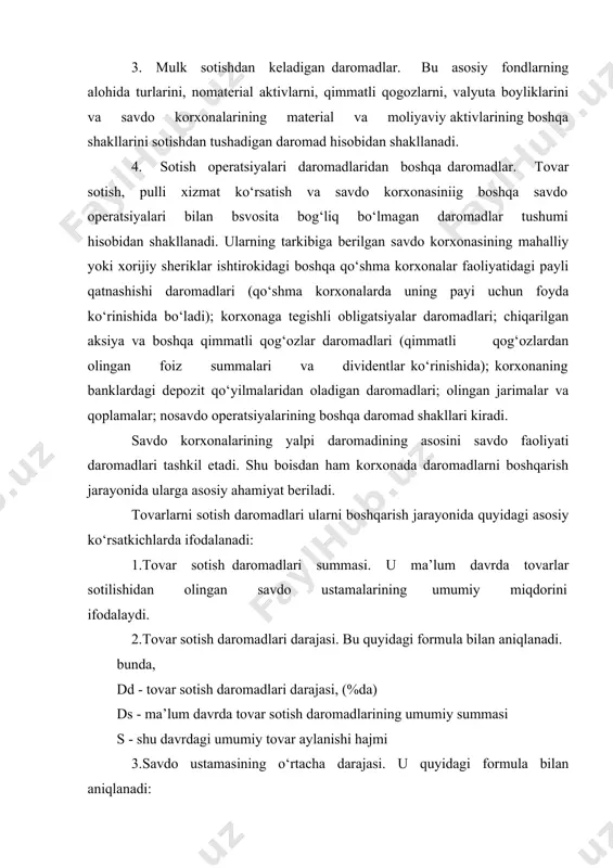 asining o‘rtacha darajasi. u quyidagi formula bilan aniqlanadi: bunda, dsu - savdo ustamasining o‘rtacha darajasi (%larda) ds va slar yuqorida aytib o‘tilganidek. tovar sotishdan keladigan daromadlar summasi uch asosiy omilga bog‘liq ravishda shakllanadi: a) yetkazib beruvchilardan olinadigan tovar narxi. iste’mol bozoridagi tovar taklifi doirasida bu narxlar odatda ma’lum kenglikda o‘zgarib turadi. savdo korxonasi uchun eng ma’qul narxlar tanlovi, yetkazib berishning boshqa shartlarini ham hisobga olgan holda, turli yetkazib beruvchilardan tovarlarni sotib olish bo‘yicha savdolar samaradorligini asoslash jarayonida amalga oshiriladi; b) xaridorlarga tovar sotish darajasi. savdo korxonalarida bu darajani alohida tovarlar bo‘yicha ularga bo‘lgan alohida talab holati, ularni sotish bo‘yicha savdo harajatlari darajalarini, ularga bo‘lgan soliqni, foydaning maqsadli summasini ta’minlash zaruriyatlarini hisobga olgan holda o‘rnatiladi. bu omillar turli tumanligi va ularni kompleks hisobga olish murakkabligi uchun savdo korxonalarida shunga mos ravishda "narx siyosatini" shakllantirish zaruriyatini tug‘diradi; v) tovar sotish hajmi. bu ko‘rsatkichning butun savdo korxonasi bo‘yicha va alohida tovarlar bo‘yicha shakllantirish …