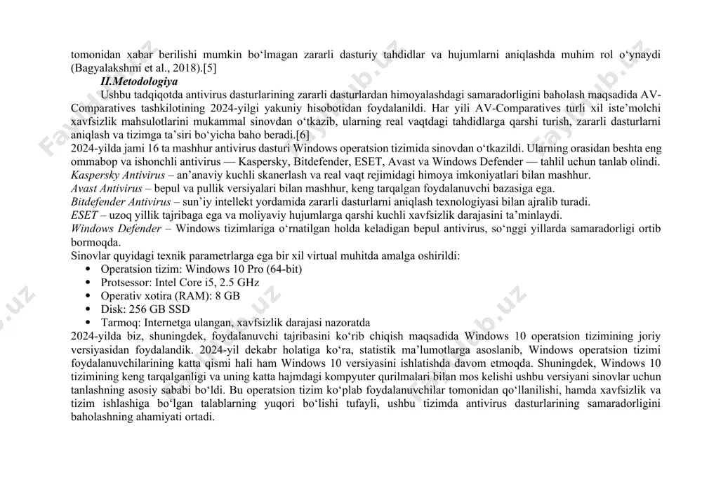 larini zararli dasturlardan himoya qilish va kiberxavfsizlikka erishishda muhim rol o'ynaydi (the economic times, 2021).[2] kompyuter tizimlariga turli xil zararli dasturlar tahdid solmoqda. adware - bu kompyuter tizimiga ekrandagi reklamalar ko‘rinishida hujum qiladigan zararli dastur turi. spyware - bu foydalanuvchining ruxsatisiz uning faoliyatini yashirincha kuzatib boradigan zararli dasturlarning yana bir turi. virus - zararli dasturning bir turi bo‘lib, boshqa dasturga ulanadi va boshqa kompyuter dasturlari orqali tasodifan o‘zini takrorlaydi. troyan otlari kompyuter tizimi uchun juda xavfli zararli dastur hisoblanadi, chunki ular moliyaviy ma’lumotlarni o‘g‘irlash va boshqa zararli dastur shakllarini o‘rnatish vositasi sifatida ishlatiladi. ransomware - bu qurilmani qulflaydigan va fayllarni shifrlaydigan zararli dastur turi bo‘lib, foydalanuvchi o‘z ma’lumotlariga kirish uchun to‘lov to‘lash imkoniyatiga ega. ushbu hujumlar asosan ushbu tadqiqotning diqqat markazida bo‘lgan kompyuter biznes tizimlariga xavf tug‘diradi (kaspersky company, 2021).[3] kompyuter tizimlarining xavfsizligi axborot texnologiyalarining asosiy yo‘nalishlaridan biridir. tashkilot axborot tizimlarida hujumlar va g‘arazli harakatlarning oldini olish mumkin bo‘lgan zarar …