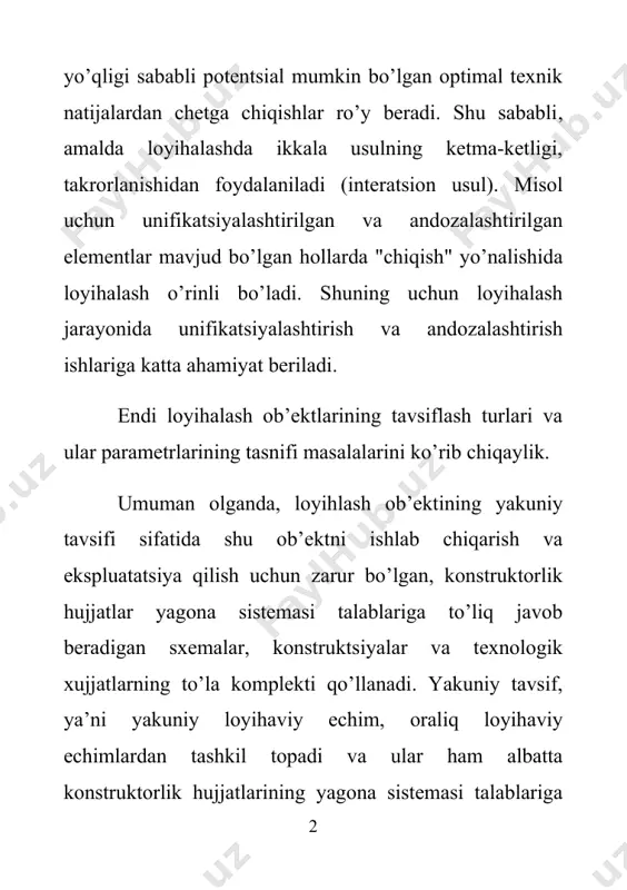 ir. lekin loyihalash jarayoni ichiga nazar solsak har bir oraliq protsedura va echimlar o’zining spetsifik formalarida va tillarida bajariladi. avtomatlashtirilgan loyihalash operatsiyalari va protseduralarini bajarishda bunday tavsiflar asosida loyihalash ob’ektining matematik modellari yotadi. sababi avtomatlashtirilgan loyihalash jarayonining asosiy texnik vositasi elektron hisoblash mashinalari - faқatgina formallashtirilgan matematik modellar asosida lozim operatsiyalarni bajarishi mumkin. matematik model deganda matematik ob’ektlar to’plami va ular o’rtasidagi munosabatlar tushuniladi. matematik modellar vositasida loyihalash obe’ektining asosiy xususiyatlari tavsiflanadi. sistemali yondashuvda mm turkumida ob’ekt xususiyatlari quyidagilarda ifodalanadi: sistema xususiyatlari, sistema elementlarining xususiyatlari va tashqi muhit xususiyatlari. bu xususiyatlarning raqamli ifodalari parametrlar deb ataladi. sistema, sistema elementlari va tashqi muhit xususiyatlarining sonli miqdorlarini mos ravishda ob’ektning chiqish, ichki va tashqi parametrlari deb ataymiz. misol uchun porshenli kompressor uchun quyidagilarni keltirsa bo’ladi: chiqish parametrlari - kopressor unumdorligi, dvigatelь quvvati, maksimal bosim miqdori, tsikllar soni, yonilg’i sarfi; ichki parametrlari - klapanlardagi havoga qarshilik koeffitsientlari, ishqalanish koeffitsienti, porshen sathining geometrik o’lchamlari. …