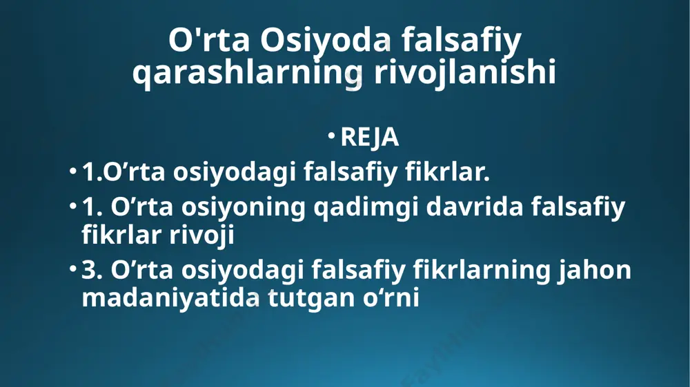 g’oyalarning tug`ilishiga sabab bo’lgani, qaysi ta`limotlar insoniyat taraqqiyotiga qanday ta`sir ko’rsatgani, qaysi mafkura odamzodni ko’proq rivojlanish yoki tanazzul tomon etaklagani kabi haqiqatlarni bilib olish uchun o’rganamiz. tarixni o’rganmoq va undan saboq olmoq har bir inson uchun zarurdir. bu — falsafa bilan shug`ullanayotgan mutahassis uchun ham, uni o’rganayotgan talaba uchun ham birdek muhim ahamiyatga ega. tarihni falsafasiz tug’ri tushunib bo’lmagani kabi, falsafani ham tarih haqiqatisiz tug’ri anglab bo’lmaydi shularni nazarda tutib, quyida biz mamlakatimiz tarixida muayyan iz qoldirgan ayrim falsafiy qarashlar va ta`limotlar haqida qisqacha to’htalib o’tamiz zardo’shtiylik ta`limoti. eramizdan avvalgi x asrdan eramizning vii asrlarigacha bo’lgan davr mahsuli bo’lgan diniy-falsafiy ta`limotlardan biri zardo’shtiylikdir. bu ta`limotga kim asos solgan? bu ta`limotga zardo’sht asos solgan bo’lib, sharq va g’arbda zaratushtra, zaroastr nomlari bilan mashhurdir. manbalarga ko’ra, zardo’sht eramizdan avvalgi vi asrning birinchi yarmida yashagan. lekin uning tarixiy yoki afsonaviy shahs ekanli haqida aniq bir to’htamga kelingani yo’q. u o’zini payg’ambar deb e`lon …