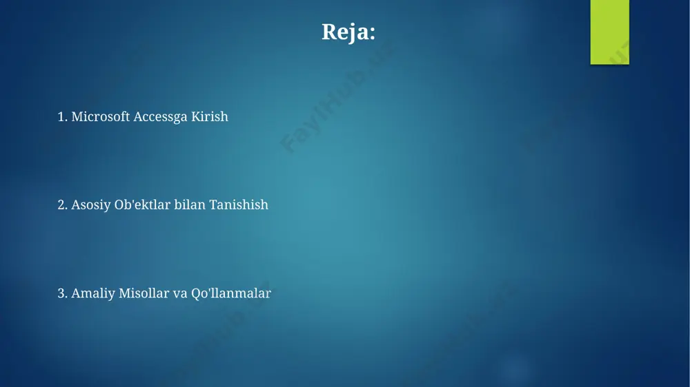 ob'ektlar: so'rovlar murakkab so'rovlarni yaratishda sql (structured query language) dan foydalanib, ma'lum bir shartlarga javob beradigan 2 yoki undan ortiq jadvallardan ma'lumotlarni birlashtirish mumkin, masalan, mijozlar va buyurtmalar jadvallarini bog'lash orqali. access so'rovlari yordamida, 2023 yildagi ma'lumotlar bazasidagi 3 ta turli jadvallardan ma'lumotlarni hisobotlar yaratish uchun birlashtirib, natijani grafik ko'rinishda namangan viloyati statistikasi uchun taqdim etish mumkin. microsoft access ga kirish microsoft access'dagi so'rovlar yordamida 2 yoki undan ortiq jadvallardagi ma'lumotlarni birlashtirish va filtrlash mumkin. bu andijon shahridagi do'konda tovarlar haqidagi ma'lumotlarni tahlil qilishda juda foydali. microsoft access’da 4 ta asosiy obyekt mavjud: jadvallar (tables), so'rovlar (queries), shakllar (forms) va hisobotlar (reports). ushbu obyektlar ma'lumotlar bazasini yaratish va boshqarishda muhim rol o'ynaydi. masalan, toshkentdagi kompaniya bu obyektlar yordamida mijozlar haqidagi ma'lumotlarni saqlashi mumkin. microsoft access da hisobotlar yaratish hisobot dizaynerida 20 turdagi grafiklardan foydalanib, ma'lumotlarni vizual ravishda ifodalash va samarqand viloyatidagi sotuvlar dinamikasini aniq ko'rsatish mumkin. access’ning so'rov tizimi yordamida, …