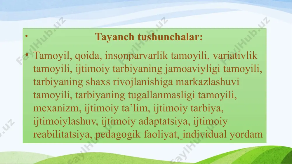 nchalik kichik bo‘lsa tarbiya uning shakllanishiga shuncha ko‘p ta’sir ko‘rsatadi. vaqt o‘tgani sayin tarbiyaning hissasi kamayib boradi. biroq boshqa bir jarayon -o‘z-o‘zini tarbiyalash jarayoni rivojlana boshlaydi. bolaning o‘z shaxsini mukammallashtirish o‘z-o‘zini rivojlantirish bo‘yicha mustaqil faoliyatini anglashi ortadi. ma’lumki o‘z-o‘zini tarbiyalashga ehtiyoj shaxs rivojining eng yuksak shakli hisoblanadi. tarbiya o‘z-o‘zini tarbiyalash va boshqa ijtimoiy omillarning (madaniy, diniy, tarixiy an’analar maktab jamoasi, do‘stlar, bolalar bog‘chasi va boshqalar) ijobiy ta’siri natijasida bolaning jamiyatga integratsiyalashuvining tabiiy jarayoni yuz beradi hozirgi kunda inson sivilizatsiyasi tarixida qayd etilgan bir qancha dalillar bor. rim asoschilari romul va rem bo’ri onasi bilan emizilgan edi (shunday deb afsonada gap yuritiladi) maugli bo’rilar to’dasida tarbiyalangan edi. inson bolalarini bo’rilar bilan boqilganining 15 holi ayiqlar 5 holi maymunlar – 10 holi leopard – 1 holi, qo’y – 1 holi ma’lum. 1920 yili hindistonda doctor sing bo’rilar uyasida bo’ri bolalari bilan birga ikkita qizchani (biri 2 yoshda, ikkinchisi 7-8 yoshlarda) topgan. kichigi …