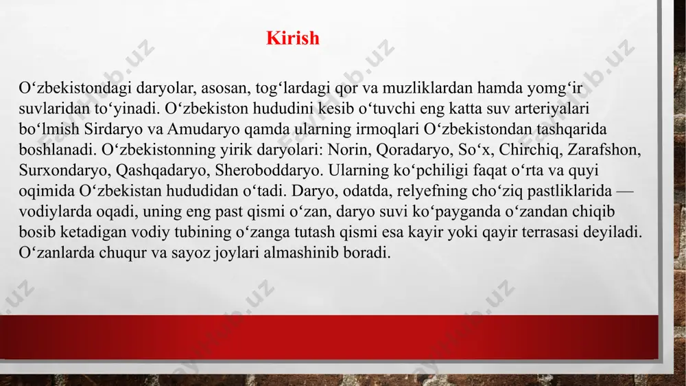 nali yoki zinasimon bo’ylama qirqim-asosan tog’ daryolari uchun xarakterlidir. xulosa xulosa qilib aytganda daryolarning geologik ishi boshqa ba'zi bir ekzogen faktlar singari, odatda alohida olib quriladigan, lekin ko'pincha bir vaqtda mavjud bo'ladigan uch bosqichdan iboratdir. bu bosqichlar emirish, oqizib keltirish va cho'ktirishdir. daryo o'z suvlarini daryo vodiysini yon bag’irlaridan oqib keluvchi yog’inlardan oladi. yil buyi yog’inlarning miqdori har xil bo'lganligidan daryodagi suv ham gox ozayib, gox ko'payib turadi. daryo vodiysi suv oqimining yer sirtida bajargan ishi natijasida vujudga kelib, daryoning boshlanishidan quyi qismi tomon ketgan yassi yonbag’irlari va nishabligi bilan xarakterlanadi. ma’lumki, ikki daryo vodiysi o’zaro kesishmaydi, lekin ular birgalikda umumiy vodiyni tashkil qilishlari mumkin. image1.jpeg image4.jpeg image5.png image6.png image7.jpeg image8.jpeg