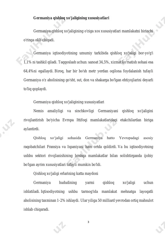 chiqarish bo'yicha jahon yetakchilaridan biridir. germaniya 1,1 milliard yevrolik vino mahsulotlarini eksport qiladi. bu uni eng yirik vino ishlab chiqaruvchi mamlakat - ispaniya bilan tenglashtiradi. ammo shuni hisobga olish kerakki, nemis uzumzorlari ispaniyaga qaraganda 10 baravar kichikroq maydonni egallaydi. baliq yetishtirish baliqchilik chorvachilik va dehqonchilik kabi rivojlangan emas. germaniya baliq mahsulotlariga bo'lgan talabning 11 foizini mustaqil ravishda ta'minlaydi (yiliga 400 ming tonna baliq ovlanadi). qolgan hamma narsa boshqa mamlakatlardan olib kelinadi. 6 mahalliy baliqchilik xo‘jaliklarida asosan losos va alabalık yetishtiriladi. va dengizga yaqinligi tufayli mamlakatning "baliq poytaxti" gamburg hisoblanadi. masalan, rossiya qishloq xo'jaligidan farqli o'laroq, barcha mahsulotlar kichik fermer xo'jaliklari tomonidan ishlab chiqariladi. asosan, bu kichik oilaviy korxonalar bo'lib, ularda ishlab chiqarish jarayoni shu qadar avtomatlashtirilganki, bu erda maksimal 5 kishi ishlaydi. davlat bunday ishlab chiqaruvchilarga subsidiyalar yuborish orqali faol yordam beradi. kichik fermer xo'jaliklari esa, o'z navbatida, yirik ishlab chiqaruvchilar tomonidan bozordan majburan chiqarib yuborilmasligi uchun o'zaro birlashadilar. bunday …