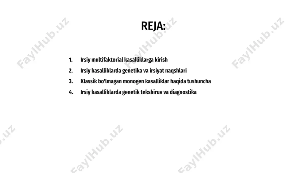 atlar. bu buzilishlar bitta gen mutatsiyasidan emas, balki ko'plab genetik va atrof-muhit ta'sirining murakkab o'zaro ta'siridan kelib chiqadi. klassik bo'lmagan irsiy monogen kasalliklar klassik monogen kasalliklarda ko'rinadigan irsiyatning odatiy namunasiga amal qilmaydigan genetik sharoitlarni bildiradi. ushbu kasalliklarda atipik alomatlar yoki irsiyat shakllari bo'lishi mumkin, bu ularni tashxislash va boshqarishni qiyinlashtiradi. to'g'ri tashxis qo'yish va davolash uchun klassik bo'lmagan monogen kasalliklarni tushunish juda muhimdir. ushbu shartlar boshqa kasalliklar bilan bir-biriga mos keladigan klinik belgilar bilan namoyon bo'lishi mumkin, bu esa asosiy genetik sababni aniqlash uchun to'liq genetik baholashni talab qiladi. salavha irsiy multifaktorial kasalliklar bir nechta genlar va atrof-muhit omillarining o'zaro ta'siridan kelib chiqadi. ushbu kasalliklarning murakkab tabiatini tushunish to'g'ri tashxis qo'yish va davolash uchun juda muhimdir. 1 klassik bo'lmagan irsiy monogen kasalliklar bitta gendagi mutatsiyalar natijasida yuzaga keladi, ammo atipik belgilarni ko'rsatadi. ushbu noyob kasalliklarni aniqlash va maqsadli terapiyani ta'minlashda genetik test muhim rol o'ynaydi. 3 genetika tekshiruvi va diagnostikasi …